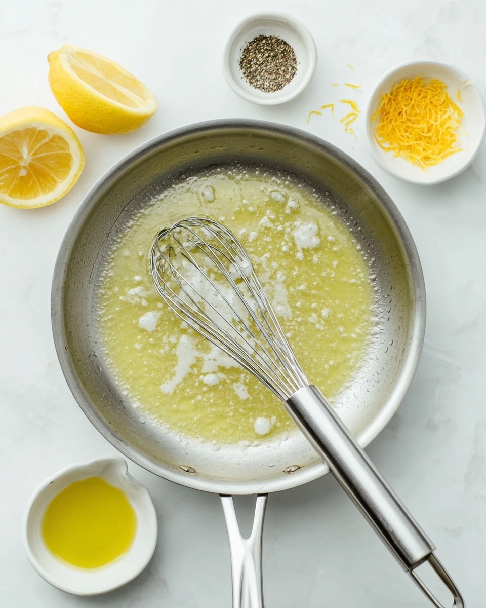 A shiny metal pan on a white marbled surface holds a mixture of melted butter with white clumps and a metal whisk resting diagonally inside it. Around the pan are small white bowls, one with black pepper, one with light yellow lemon juice, and one with yellow lemon zest. Two lemon halves with bright yellow color sit near the top left side. The overall scene looks clean and bright with soft natural light, showing a cooking preparation moment. Photo taken with an iphone --ar 4:5 --v 7