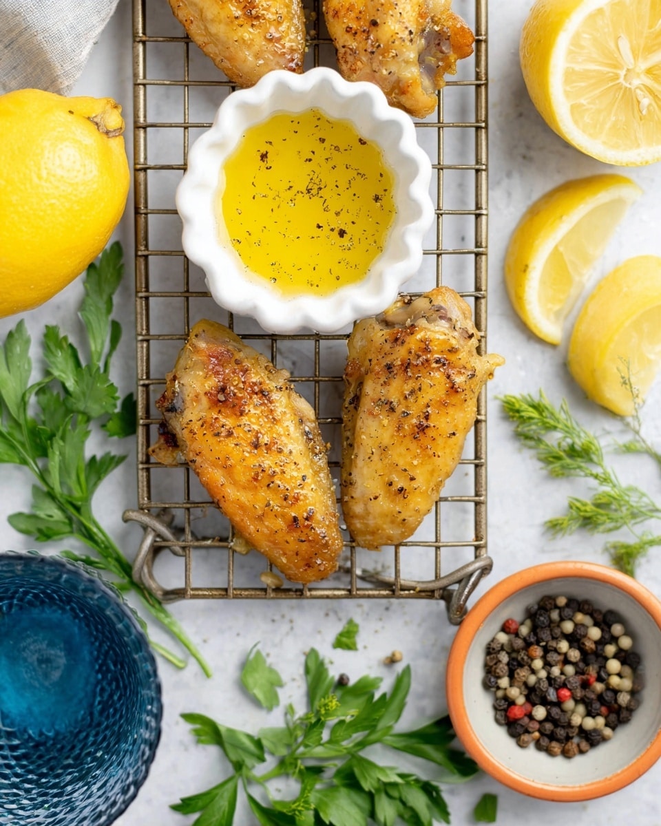 The image shows three golden brown seasoned chicken wings placed on a metal cooling rack over a white marbled surface. Between the wings is a small white scalloped bowl filled with yellow lemon butter sauce sprinkled with black pepper. Around the rack, there are lemon wedges, fresh green parsley, and a small gray bowl with an orange rim filled with whole black peppercorns. A blue textured glass with water is partly visible on the left side near a half lemon. The scene is bright and clean with fresh ingredients and cooked wings arranged neatly. photo taken with an iphone --ar 4:5 --v 7