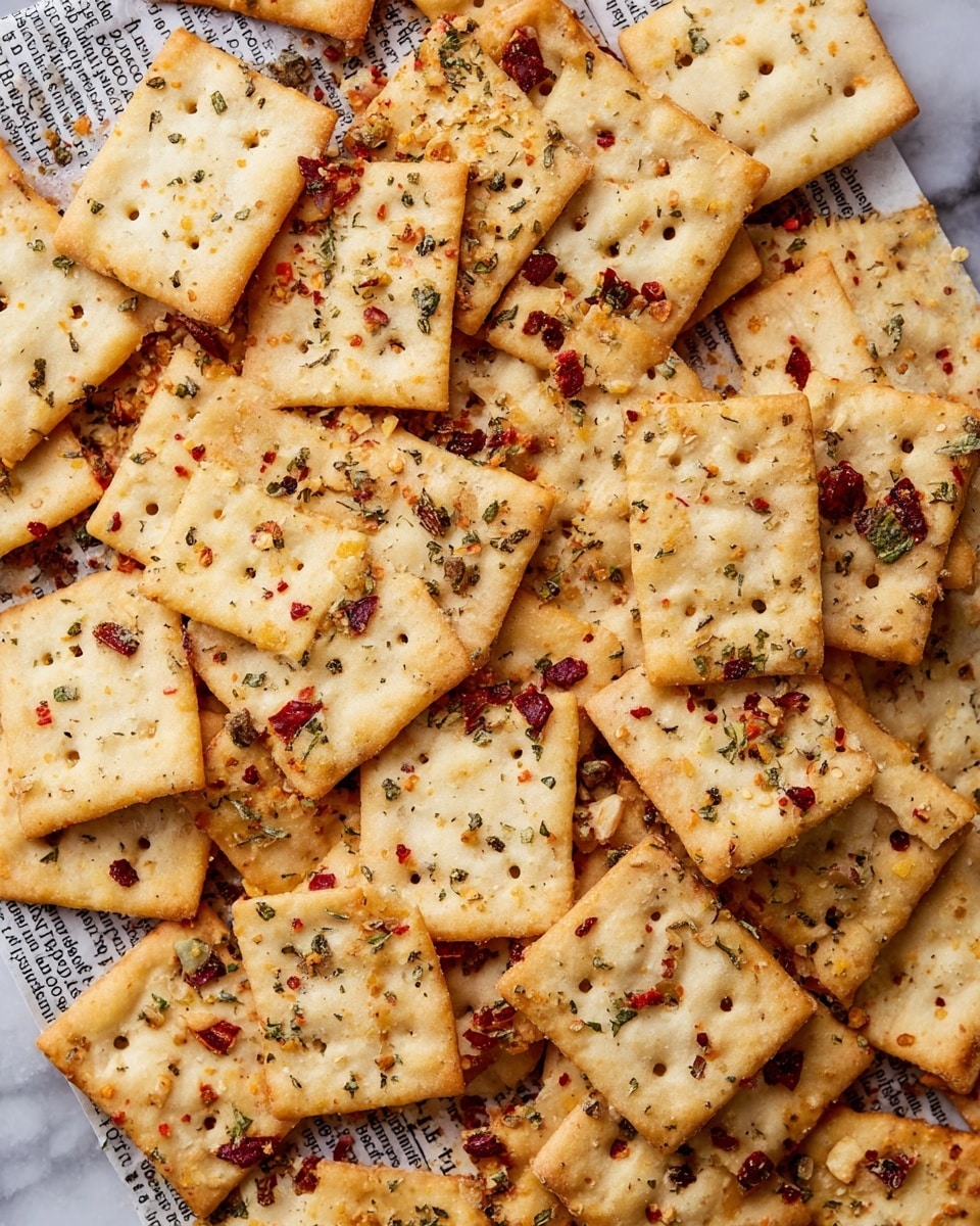 The image shows a close-up view of many square crackers scattered over a piece of newspaper on a white marbled surface. Each cracker is light golden in color with a slightly rough texture and small holes in the center. The crackers are sprinkled with a layer of mixed dry herbs and spices, including bits of red chili flakes and green dried herbs, giving them a speckled look of red, green, and light brown on the pale base. The crackers overlap each other in a casual pile, showing some crumb pieces around them. Photo taken with an iphone --ar 4:5 --v 7