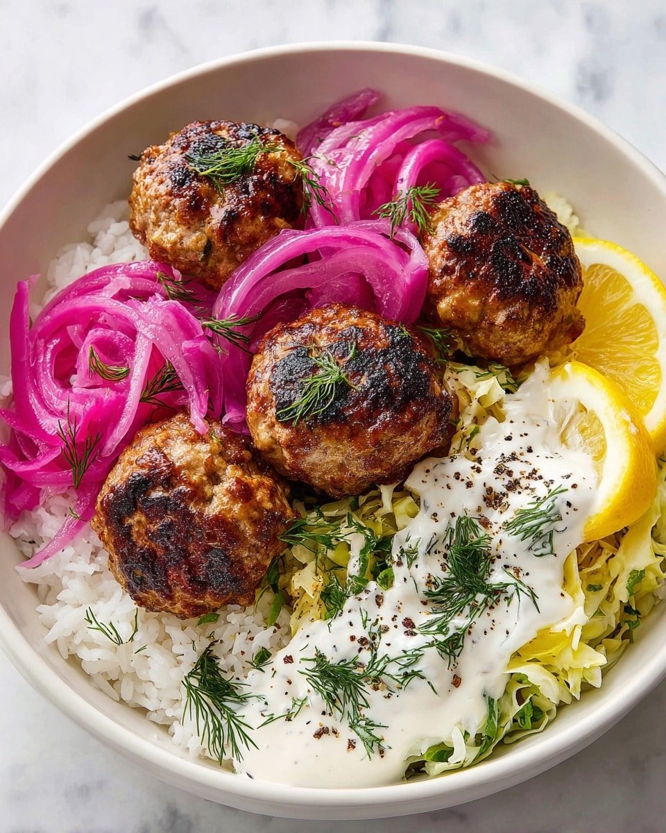 A white bowl filled with five brown grilled meatballs sitting on a bed of white rice in the center. On the left edge of the bowl, there are thin slices of purple pickled onions placed over the rice. Below the meatballs, there is a layer of light green cabbage salad with herb flakes mixed in. On the right side, creamy white sauce with herbs and black pepper is spread, topped with a slice of bright yellow lemon and some fresh green dill sprigs scattered for garnish. The bowl rests on a white marbled surface. Photo taken with an iphone --ar 4:5 --v 7