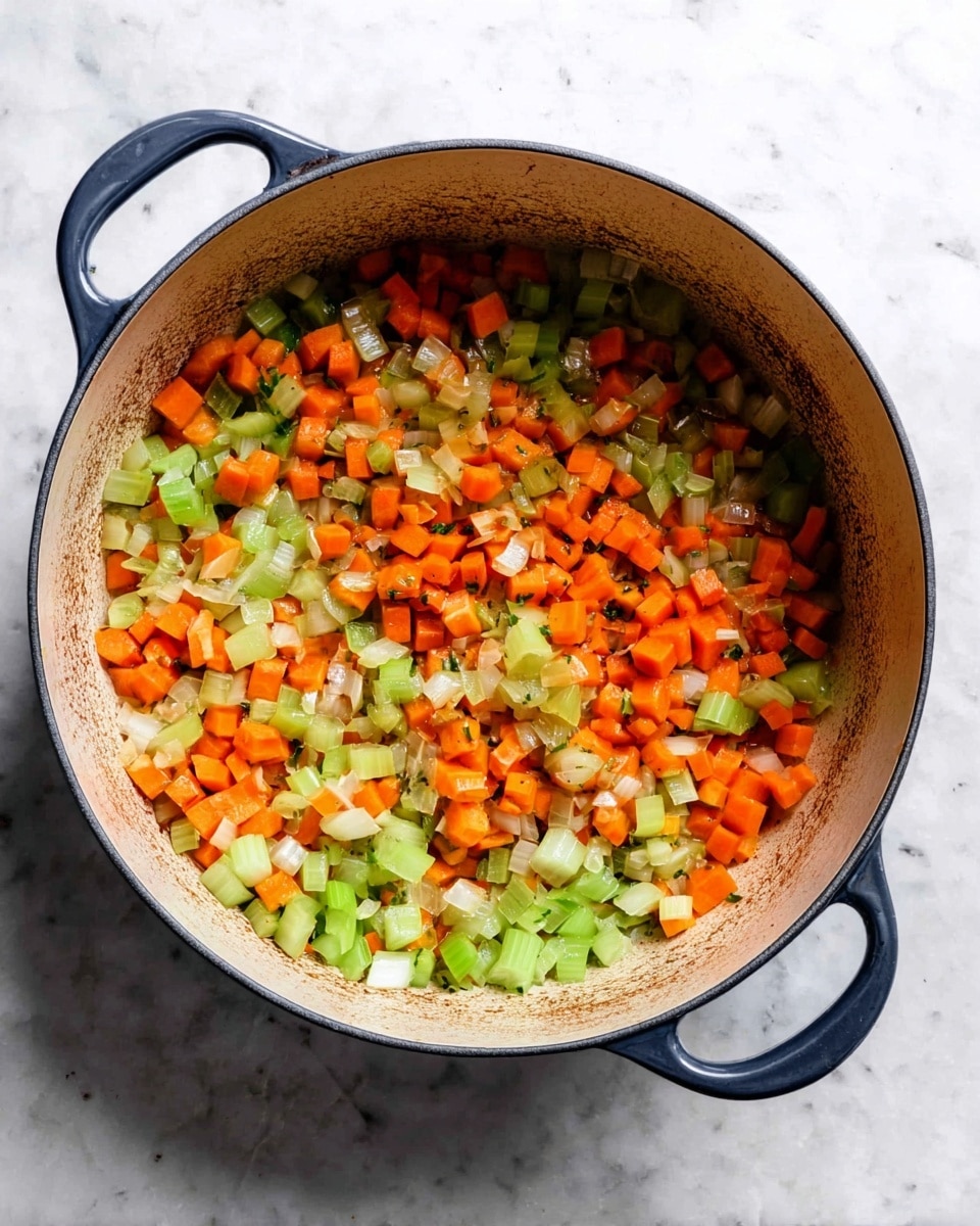 Inside a round pot with a dark blue handle on the right side, there is a mix of three types of chopped vegetables. The bottom layer shows a cooked layer of small bright orange carrot cubes scattered widely. Mixed evenly above and around the carrots are light green celery pieces that have a fresh texture. Small translucent white onion pieces are spread all over, giving a slightly shiny look. The inside walls of the pot have brown marks showing some cooking. The pot sits on a white marbled surface. photo taken with an iphone --ar 4:5 --v 7