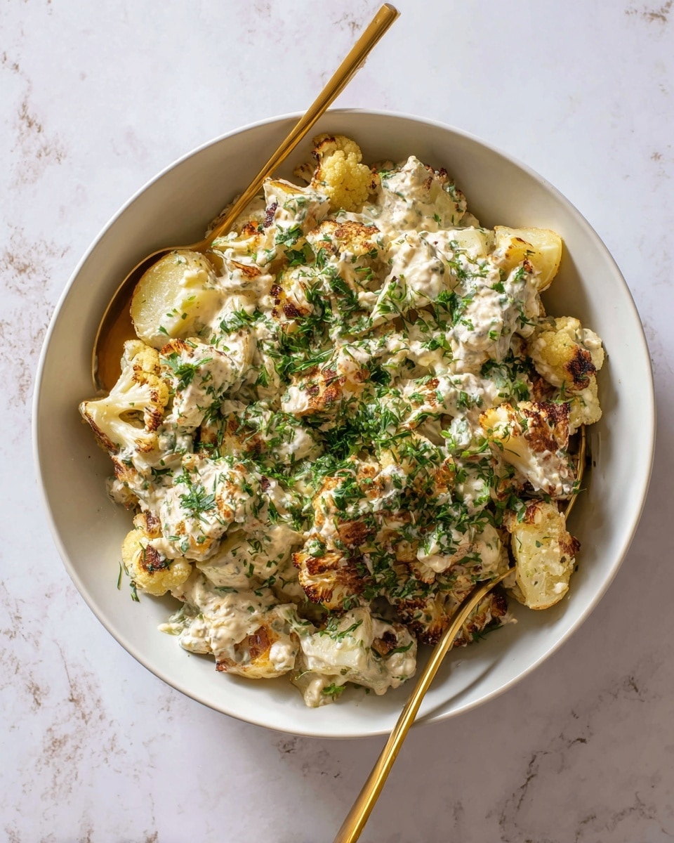 A large white bowl sits on a white marbled surface, filled with a creamy potato and cauliflower salad. The salad has three main layers: the bottom layer shows golden brown, soft potato pieces and roasted cauliflower florets with a slightly charred texture; the middle layer is coated with a thick, off-white creamy dressing that covers the vegetables evenly; the top layer is sprinkled generously with chopped fresh green herbs, adding vibrancy. Two gold spoons rest inside the bowl on opposite sides. photo taken with an iphone --ar 4:5 --v 7