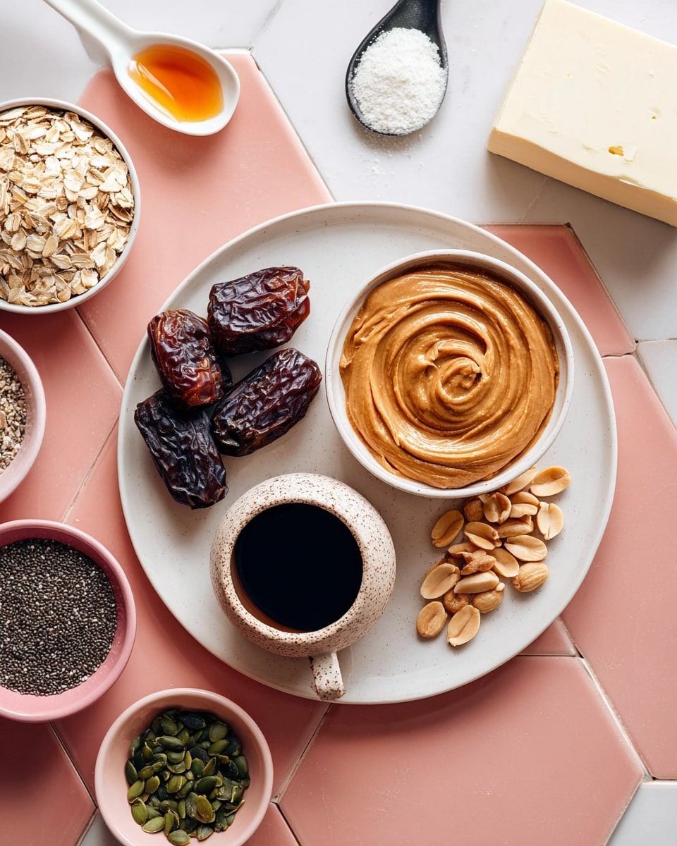 The image shows a white round plate with a small bowl of smooth, creamy peanut butter with a swirl pattern on top, positioned on the right side of the plate. To the bottom right of the peanut butter bowl, there is a small pink bowl filled with unshelled peanuts. Below the peanut butter bowl, a beige speckled cup holds a dark liquid, likely syrup. Scattered on the plate around these bowls are several dark brown dried dates with wrinkled textures. Surrounding the plate on a pink hexagon tiled surface are small white bowls with ingredients: one bowl of rolled oats at the bottom left, one with black chia seeds on the right, and another with dark green pumpkin seeds on the far right. To the top left of the plate, a white spoon with some golden honey and a black spoon with white powder are placed side by side. A block of solid white butter-like substance is seen on a white plate at the top left corner. The background is white marbled textured photo taken with an iphone --ar 4:5 --v 7