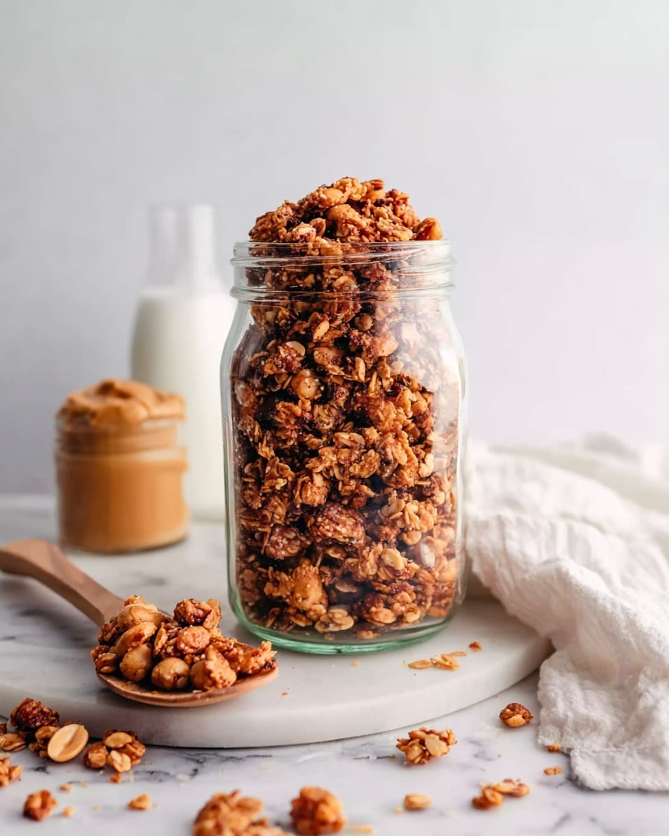 A clear glass jar full of crunchy, brown granola mixed with whole peanuts, filling the jar from bottom to top with uneven, chunky clusters. The jar is placed on a round white marble surface with a blurred white marbled background. Near the jar, a wooden spoon holds some granola with peanuts, and an open jar of peanut butter sits to the left. Behind, a small glass bottle of milk and a white cloth add details to the scene. Photo taken with an iphone --ar 4:5 --v 7