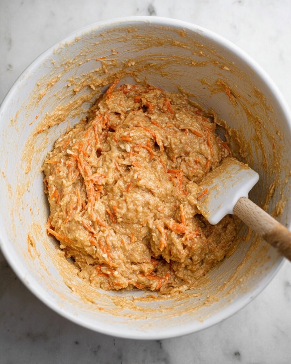 A white bowl filled with a thick, light brown batter mixed with visible shredded orange carrot pieces and small bits of a lighter color ingredient throughout. The batter has a dense, textured look with some uneven clumps and sticky spots on the inside of the bowl. A white spatula with a wooden handle rests on the right side, partially covered by the batter. The bowl is placed on a white marbled surface. photo taken with an iphone --ar 4:5 --v 7