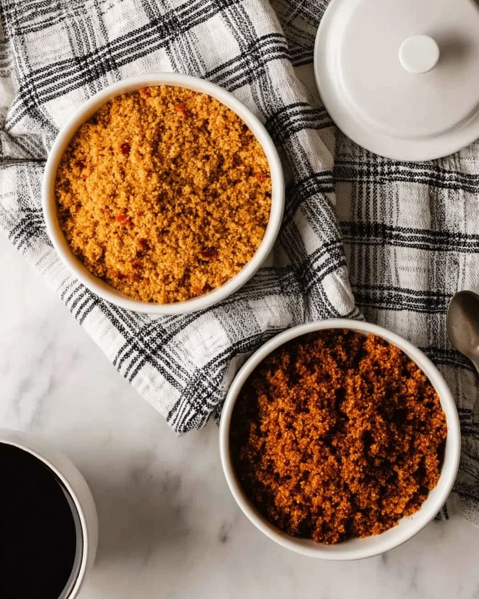 Two white bowls filled with textured food sit on a checkered fabric over a white marbled surface. The top bowl holds an orange-brown crumbly mixture with small bits of red and yellow, showing a rough texture. The bottom bowl contains a darker, reddish-brown crumbly mixture that looks coarser and more uneven. To the right, there is a white round lid with a spoon resting on it. At the bottom left corner, a partial view of a black cup is visible. Photo taken with an iphone --ar 4:5 --v 7