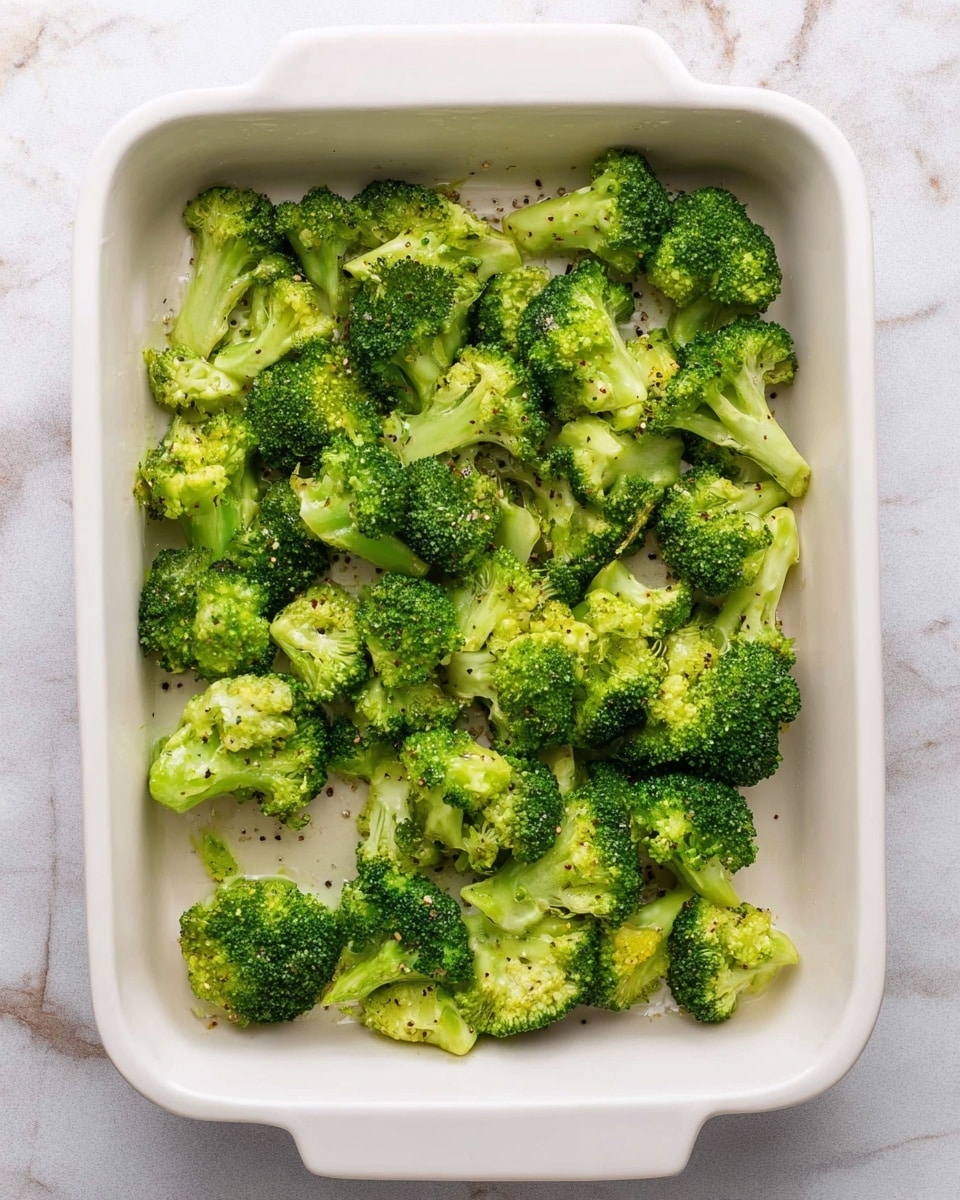 A white rectangular baking dish filled with a scattered single layer of bright green broccoli florets that have a slight oily sheen and some black pepper sprinkled on top. The broccoli pieces vary in size and are evenly spread across the bottom of the dish, which sits on a white marbled surface. The overall look is fresh and simple with no other elements present. photo taken with an iphone --ar 4:5 --v 7