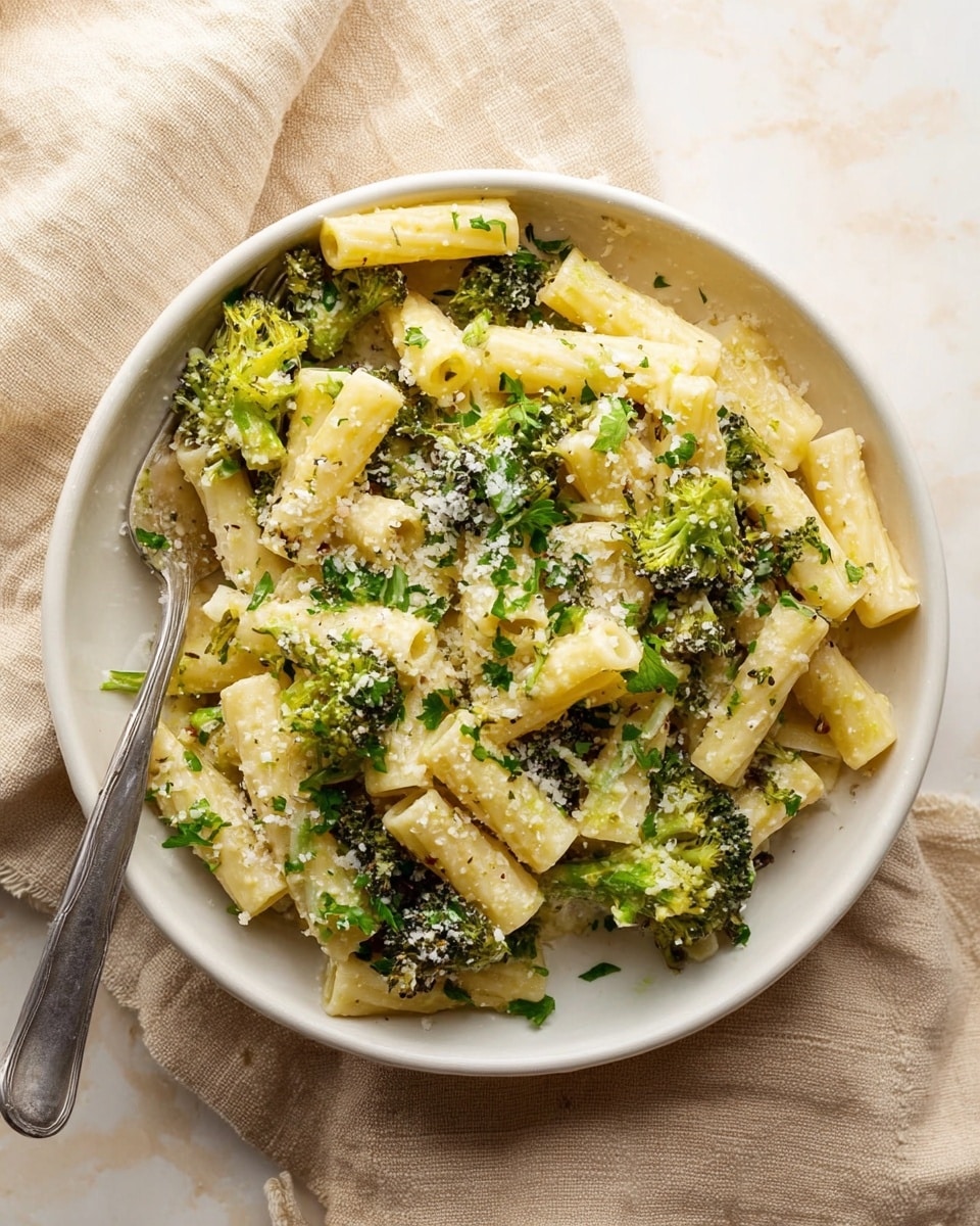 The dish is served in a white bowl filled with short, tubular pasta mixed with small, green broccoli florets. The pasta and broccoli are coated evenly with a creamy, light-colored sauce, sprinkled with small bits of white cheese and finely chopped green herbs. A fork is placed inside the bowl resting on the pasta near the top left side. The bowl sits on a soft beige-colored cloth on a white marbled textured surface. photo taken with an iphone --ar 4:5 --v 7