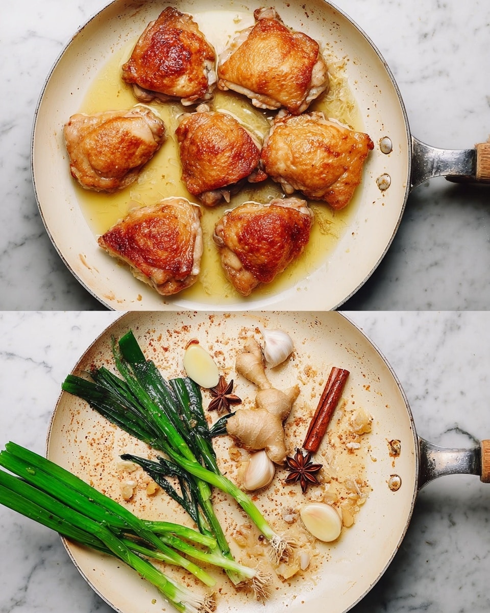 The image shows two white pans on a white marbled surface. The left pan holds six pieces of cooked chicken thighs with golden brown crispy skin, arranged in a circular pattern with some oil glistening at the base. The right pan contains aromatics: two tied green onions with deep green tops, several garlic slices, some ginger chunks, a cinnamon stick, and a star anise, all placed scattered with light brown browned bits on the pan's surface. The colors range from creamy white in the pans to rich golden brown on the chicken and vibrant green in the onions, creating a warm and fresh cooking scene. photo taken with an iphone --ar 4:5 --v 7