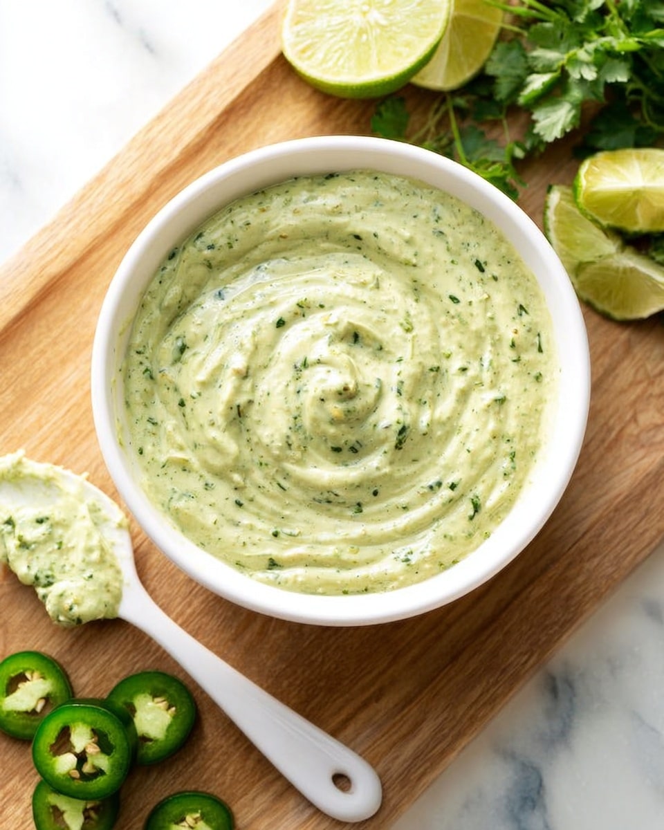 A white bowl filled with a thick, creamy green sauce that has small flecks of darker green herbs mixed throughout, giving it a slightly textured look. The sauce is swirled on the top surface, showing smooth, curved ridges. The bowl sits on a wooden board that also holds some fresh green herbs, sliced jalapenos, and halved limes. A white spatula with some sauce on it rests next to the bowl. The background is a white marbled surface. photo taken with an iphone --ar 4:5 --v 7