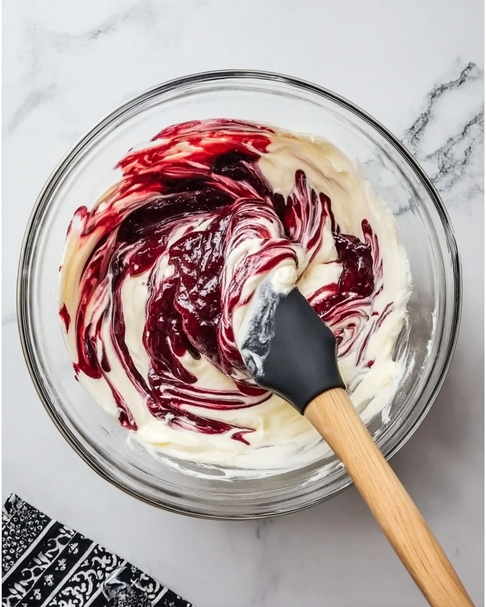 A clear glass bowl contains three visible layers being mixed together: a thick white creamy base covering most of the bottom, a swirled deep red layer with a jam-like texture sitting unevenly on top, and a light yellow layer that is partly mixed in with the white. A black spatula with a wooden handle is placed inside the bowl and is blending the layers in a swirling motion. The bowl is set on a white marbled surface with a black and white patterned cloth partially visible at the lower left corner. Photo taken with an iphone --ar 4:5 --v 7