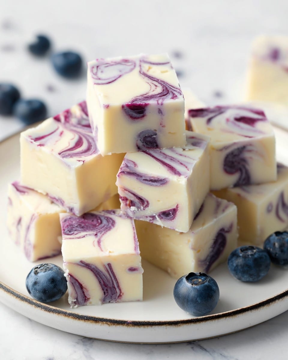 The image shows six square pieces of white fudge with purple swirl patterns on top and inside, stacked in a loose pile on a white plate with a thin dark rim. The fudge squares have smooth creamy surfaces and the swirls vary in thickness, creating a marbled effect. Around the fudge, there are a few fresh blueberries adding a pop of dark blue color. The plate sits on a white marbled surface, enhancing the bright and clean look of the scene. photo taken with an iphone --ar 4:5 --v 7