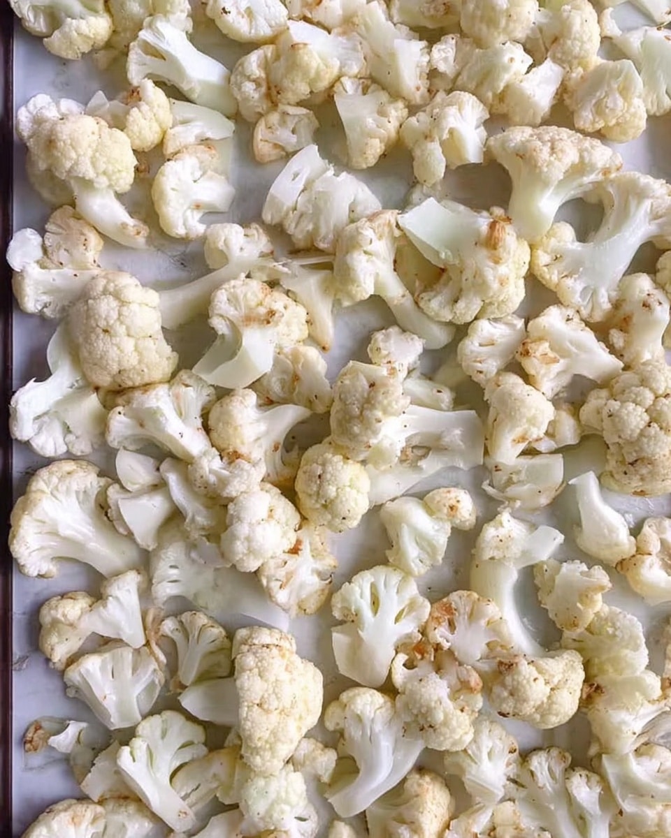 A baking tray filled with many pieces of cauliflower spread out in one layer, showing creamy white florets with small light brown spots from cooking. The florets vary in size and shape, some with thick white stems and others more rounded on top, covering the tray evenly. The background is a white marbled texture. photo taken with an iphone --ar 4:5 --v 7