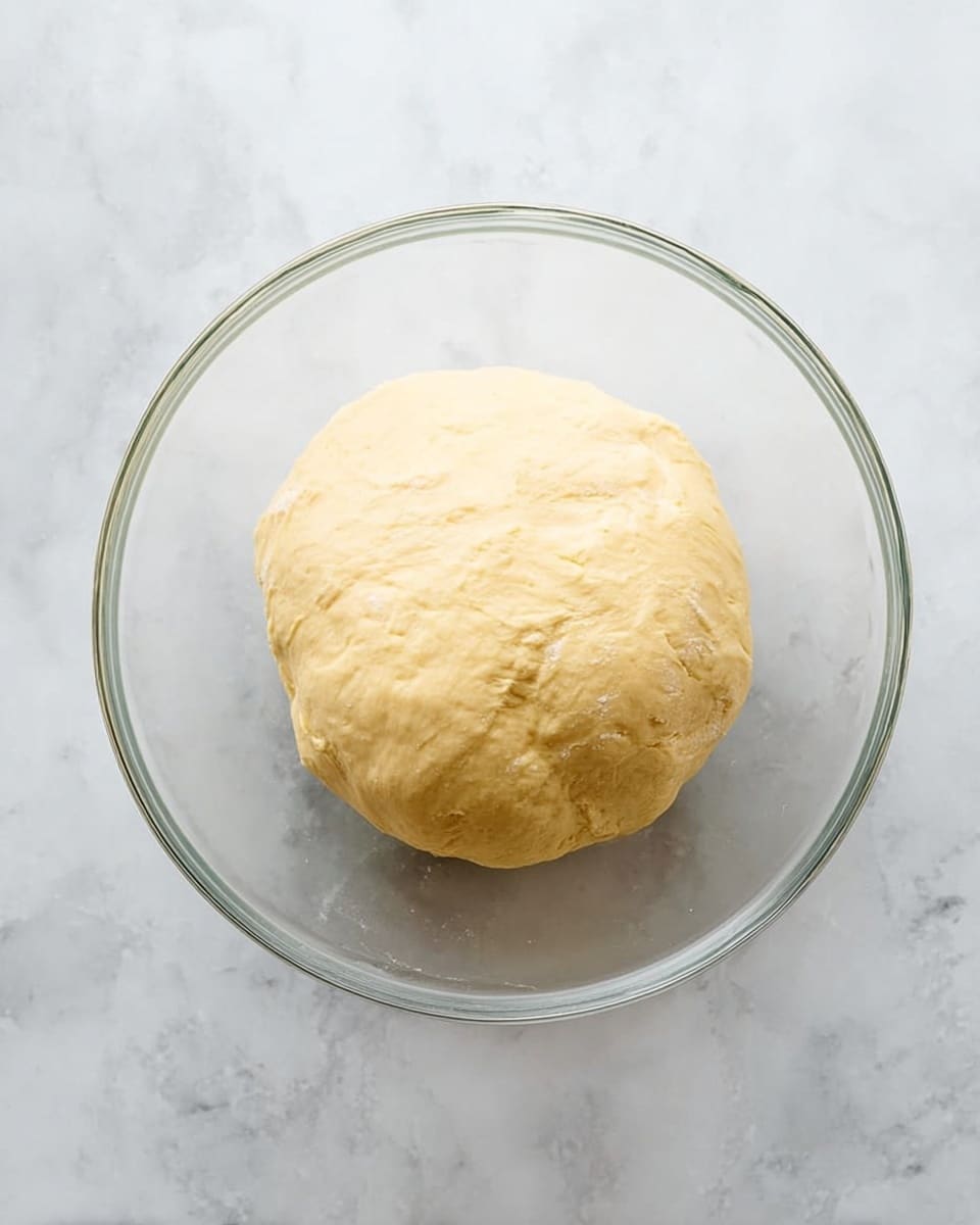 A round ball of pale yellow dough with a smooth texture sits in the middle of a clear glass bowl. The dough is slightly flattened on top and fills about half the height of the bowl. The bowl rests on a white marbled surface, and the scene is lit with soft, natural light, giving the dough a soft sheen. photo taken with an iphone --ar 4:5 --v 7