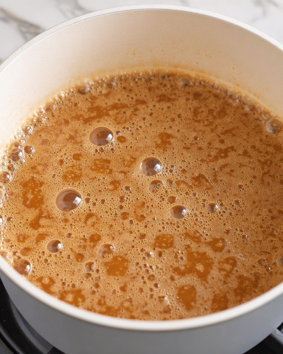 A close-up view of a white pot on a stove with a bubbling caramel liquid inside, showing a rich golden brown color and a frothy texture with small and large bubbles covering the surface. The pot has a smooth, glossy interior and is surrounded by a white marbled surface. The scene focuses on the cooking process with no other items visible, emphasizing the bubbling caramel in the pot. photo taken with an iphone --ar 4:5 --v 7