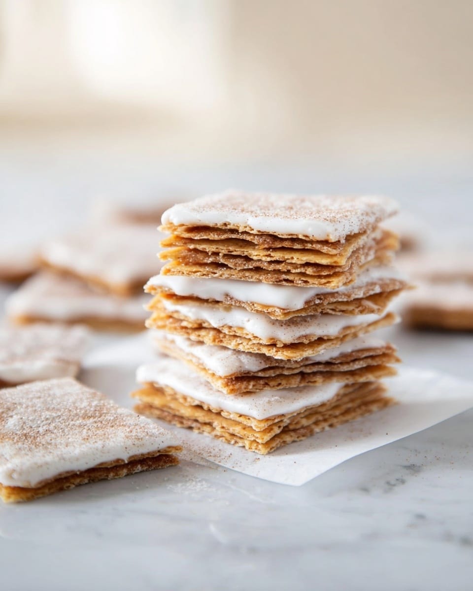A stack of seven light brown, crispy square crackers with visible flaky layers is shown on a piece of white parchment paper. Each cracker has a thin white icing layer on top, sprinkled with a fine, light brown powder, likely cinnamon sugar. To the left of the stack, there are a few more crackers lying flat, also covered with the white icing and powdered sugar topping. All are placed on a white marbled surface with a soft, blurred white and light brown background. Photo taken with an iphone --ar 4:5 --v 7