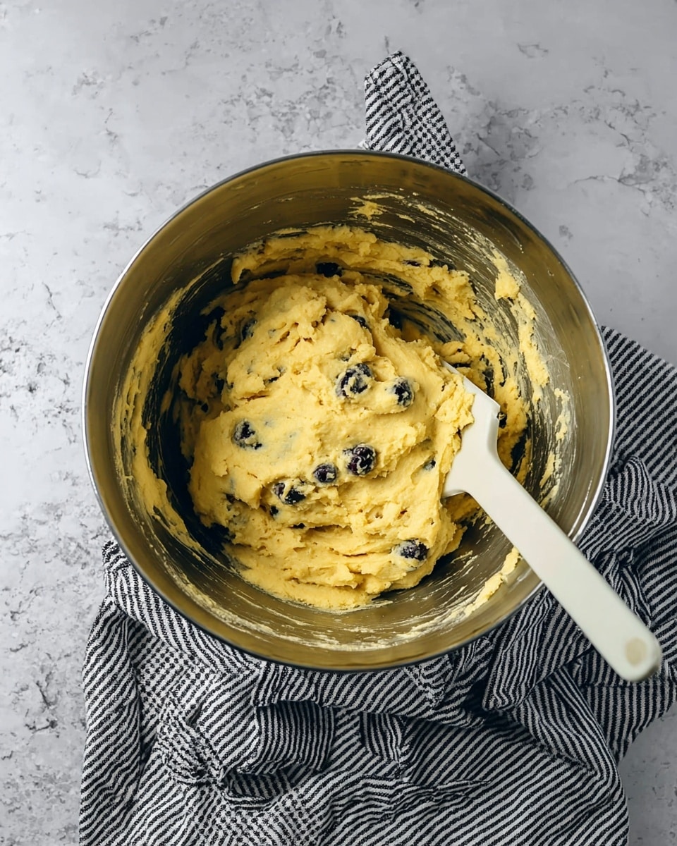 A shiny metal mixing bowl filled with thick, yellow cookie dough mixed with evenly spread small dark blueberries, with a white spatula resting inside the bowl on the right side. The bowl sits on a surface with a white marbled texture, and a black and white striped cloth is placed beside the bowl. Photo taken with an iphone --ar 4:5 --v 7