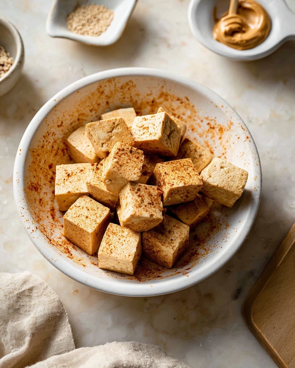 The image shows a white bowl with a splatter of orange-brown seasoning on the inside, holding about sixteen medium-sized tofu cubes. Each tofu cube is light golden brown with a dry, firm texture, stacked loosely together in the bowl. The surface beneath the bowl is a white marbled texture, and near the bowl, there are small white dishes holding sesame seeds and a peanut butter-like spread. A beige cloth is seen beside the bowl, adding to the natural, simple food setting. photo taken with an iphone --ar 4:5 --v 7