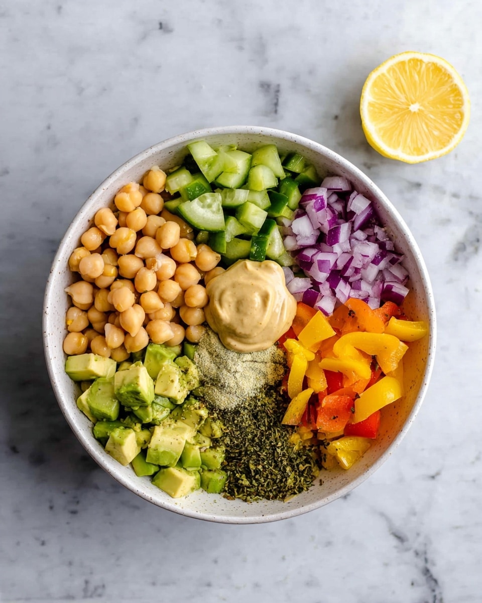 A white bowl is filled with seven different layers of ingredients arranged in sections. The top right section has light tan chickpeas, below that is diced light green celery, next to it is chopped purple-red onion, followed by dark green pickles, bright orange bell peppers, and light to dark green avocado chunks at the top left. In the center, there is a dollop of creamy light brown mustard-like sauce surrounded by a small pile of dried green herbs and pale beige spice powder. A halved lemon sits on a white marbled surface next to the bowl. photo taken with an iphone --ar 4:5 --v 7