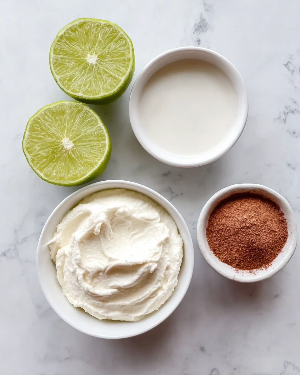 The image shows four ingredients on a white marbled surface. In the top left corner, there are two lime halves showing their bright green, juicy interiors. To the right of the limes, there is a small white bowl filled with a smooth white liquid. Below the limes, a larger white bowl holds a thick, creamy white substance with a soft texture. To the right of this bowl, a smaller white bowl contains a reddish-brown powder with a fine texture. The layout is simple and clean with a focus on the colors and textures of the ingredients. photo taken with an iphone --ar 4:5 --v 7