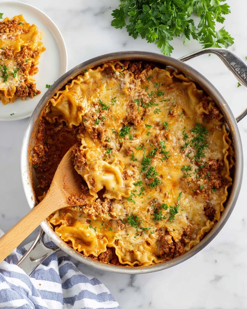 A round stainless steel pan filled with three visible layers of cooked lasagna pasta sheets that are light yellow with wavy edges, layered with a rich reddish-brown meat sauce mixed with creamy white cheese, topped with melted golden yellow cheese sprinkled with fresh green parsley leaves. A wooden spoon is scooping some lasagna from the left side of the pan, showing a thick textured mixture. Next to the pan, a white plate contains a small portion of lasagna, and fresh green parsley sits on the white marbled surface near the pan, with a white and blue striped cloth in the bottom left corner. photo taken with an iphone --ar 4:5 --v 7