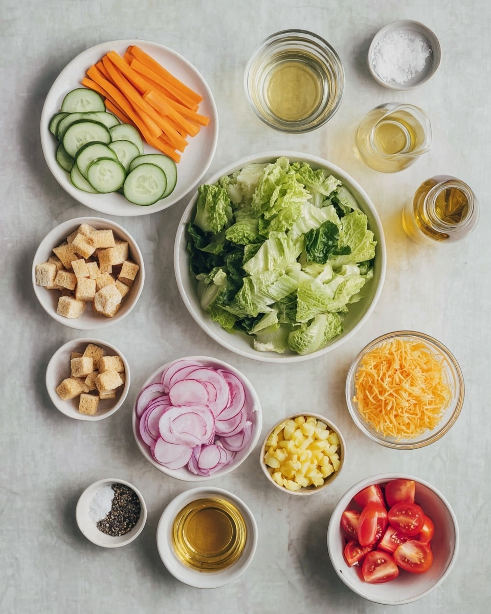 The image shows many small white bowls and one white plate arranged on a white marbled surface. In the center is a white bowl full of different green leaves of lettuce. Above it is a white plate with two layers: sliced green cucumbers on top and thin orange carrot sticks below. Around them are white bowls and small glasses holding various items: light brown croutons, sliced radishes, a smooth brownish sauce, diced yellow bell peppers, sliced red onions, shredded orange cheese, olive oil, and two glasses with light golden liquid. There is also a small white bowl holding salt and black peppercorns. A bowl with sliced red tomatoes rests to the lower right. Photo taken with an iphone --ar 4:5 --v 7