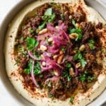 Spiced Ground Beef over Creamy Hummus with Pickled Onions and Fresh Herbs Recipe