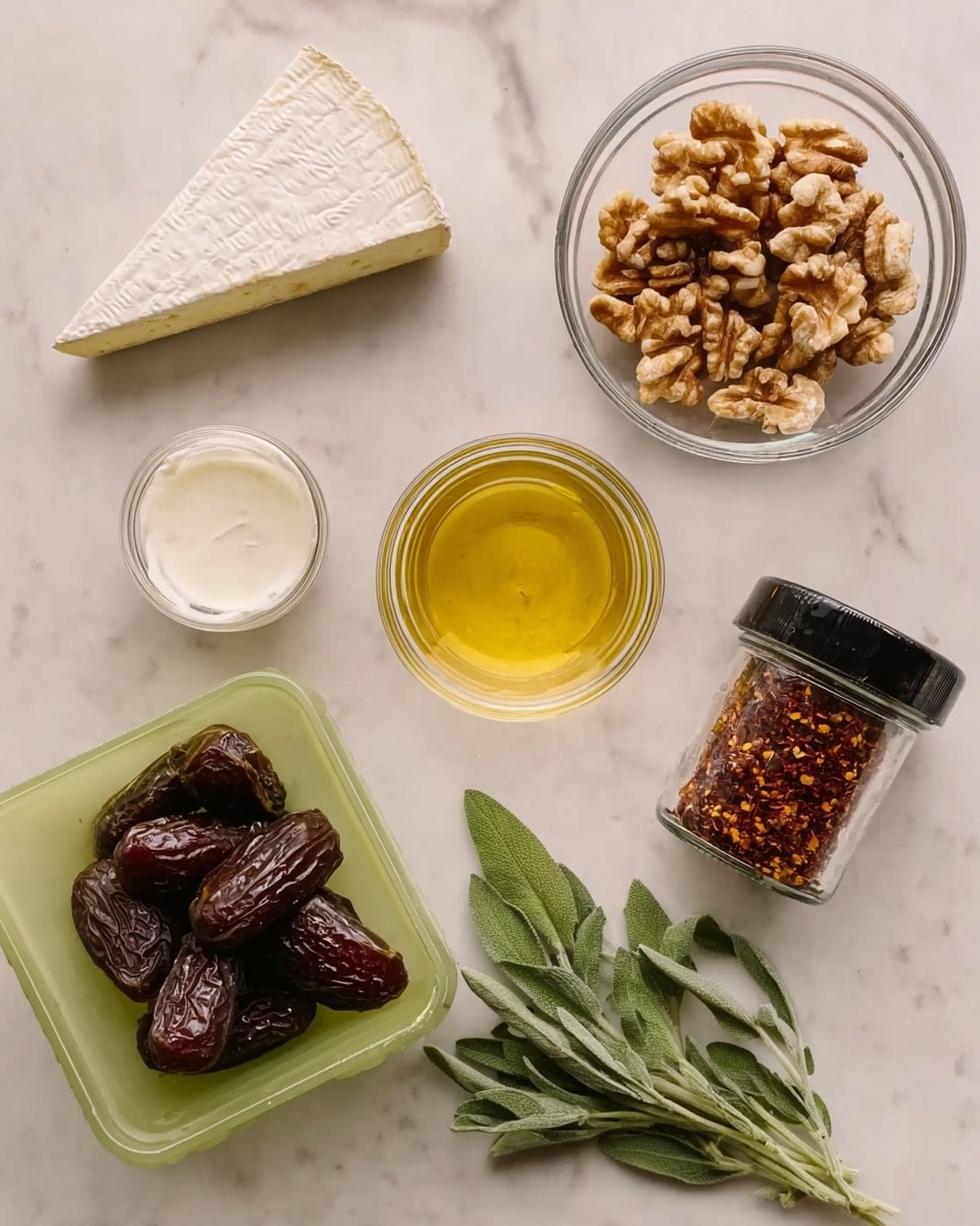 The image shows a white marbled surface with several ingredients neatly placed. On the top left is one triangular slice of soft cheese with a white rind and creamy interior. Next to it on the right is a small clear glass bowl filled with light brown walnut halves. Below the walnuts is another small clear glass bowl containing a yellow liquid, possibly honey or mustard. To the bottom left, there is a cluster of dark brown dates in a translucent light green container. Near the center, a small bunch of fresh green sage leaves lies flat on the surface. To the left of the sage is a clear glass jar with a black lid filled with dried red chili flakes. Lastly, a small clear jar of white creamy substance is in the bottom left corner. Photo taken with an iphone --ar 4:5 --v 7