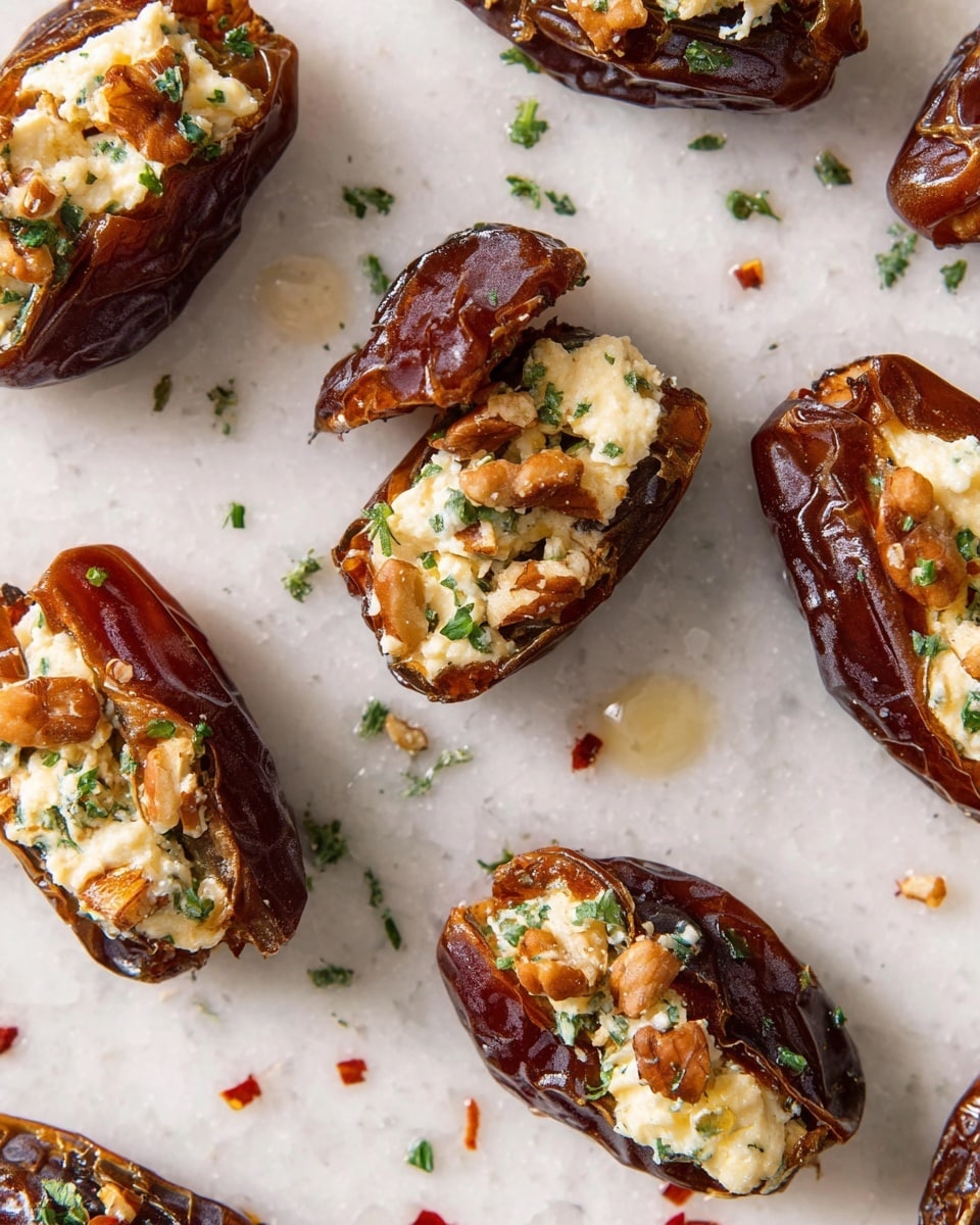 The image shows several dark brown dates split open and filled with layers of creamy white cheese and small pieces of chopped nuts, sitting on a white marbled textured surface. Each date has a rich, glossy texture with slightly wrinkled skin on the outside, and the nut pieces add a light brown, crunchy contrast inside. Small green herb bits and tiny red chili flakes are sprinkled over and around the dates, adding spots of color and texture. The dates are spaced unevenly across the surface, and a few drops of oil or syrup add a slight sheen nearby. Photo taken with an iphone --ar 4:5 --v 7
