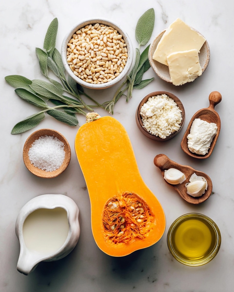 The image shows a half bright orange butternut squash placed on a white marbled surface next to fresh green sage leaves. Around the squash, there are small white bowls and wooden spoons holding different ingredients: a bowl of pale yellow pine nuts, a bowl with white grains that look like rice, a small bowl with white cream cheese, a wooden spoon filled with coarse white salt, and a wooden bowl with light yellow grated cheese. There is also a small glass jug with white milk, a round white bowl with garlic cloves inside, a bowl with yellow olive oil, and a glass filled with pale yellow liquid. All items are arranged neatly on the white marbled background. Photo taken with an iphone --ar 4:5 --v 7