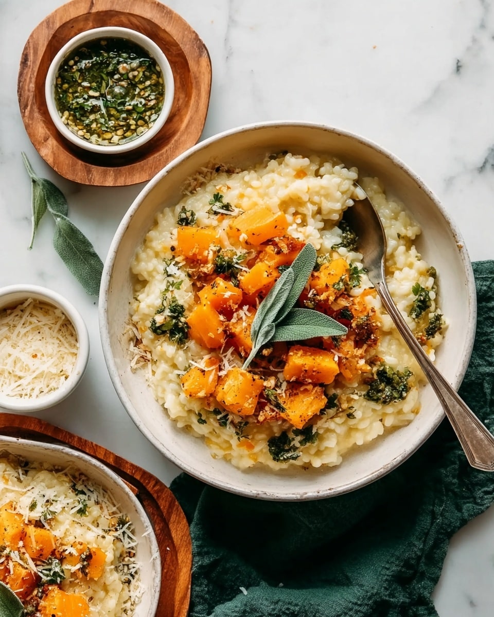 The image shows a white bowl filled with creamy risotto topped with orange chunks of roasted squash, green herb sauce drizzled generously, and fresh sage leaves placed on top. A metal spoon is resting inside the bowl, partially scooping the risotto. To the left is a wooden tray holding a small white bowl of green herb sauce and a wooden bowl filled with grated cheese. The bowls are placed on a white marbled surface with a dark green cloth slightly tucked underneath. The colors are warm with a mix of creamy, orange, green, and white. Photo taken with an iphone --ar 4:5 --v 7