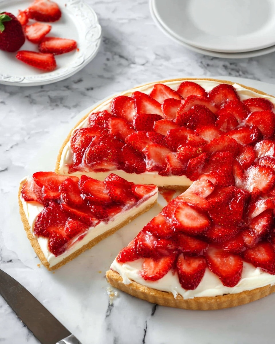 A round tart with three visible layers sits on a white marbled surface. The bottom layer is a golden crust that looks crisp and firm. On top of the crust is a creamy white layer spread evenly across the tart. The top layer is made of thinly sliced red strawberries arranged in overlapping rows covering the whole tart. One slice of the tart is slightly lifted and separated from the rest. Nearby, a knife and fork rest on the white marbled surface, along with a white plate that holds a few strawberry pieces. Photo taken with an iphone --ar 4:5 --v 7