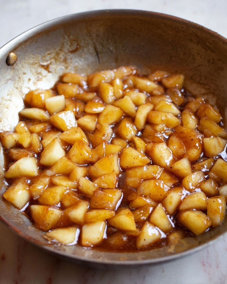 This image shows a silver pan filled with small pieces of cooked fruit in a thick brown syrup. The fruit pieces are light yellow to pale white, cut into small chunky bits, and coated evenly by the shiny, sticky brown sauce that has a smooth texture with visible specks of spice. The pan has a slightly used look with some residue on the edges. The background is a white marbled texture. photo taken with an iphone --ar 4:5 --v 7