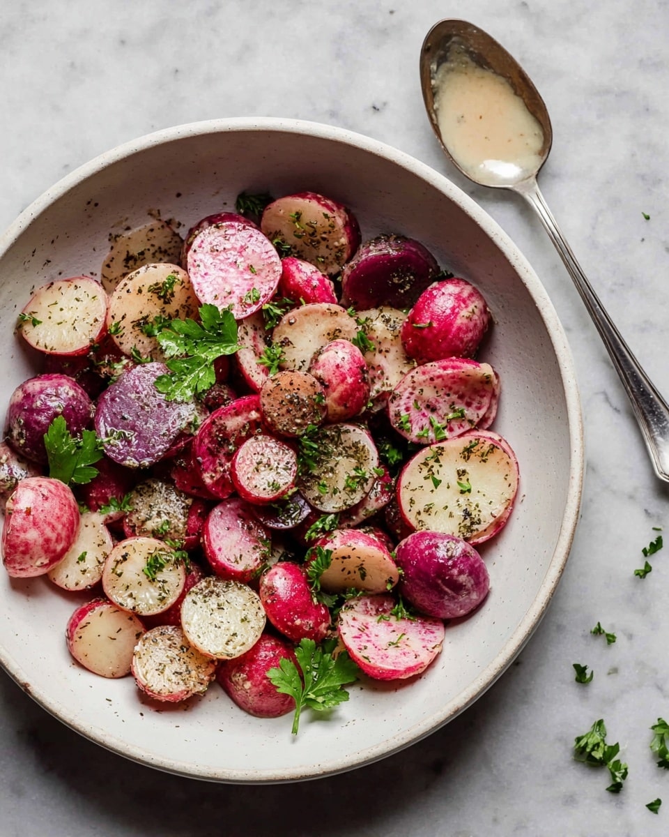 A white bowl holds a mix of sliced radishes in layers of pale pink, white, and deep purple, all seasoned with dark green dried herbs. The radishes have a slightly shiny texture, showing they are dressed in a light sauce. Bright green fresh parsley leaves are scattered on top, adding a fresh contrast to the radishes. The bowl sits on a white marbled surface, with a silver spoon containing some creamy light beige dressing resting nearby. Photo taken with an iphone --ar 4:5 --v 7