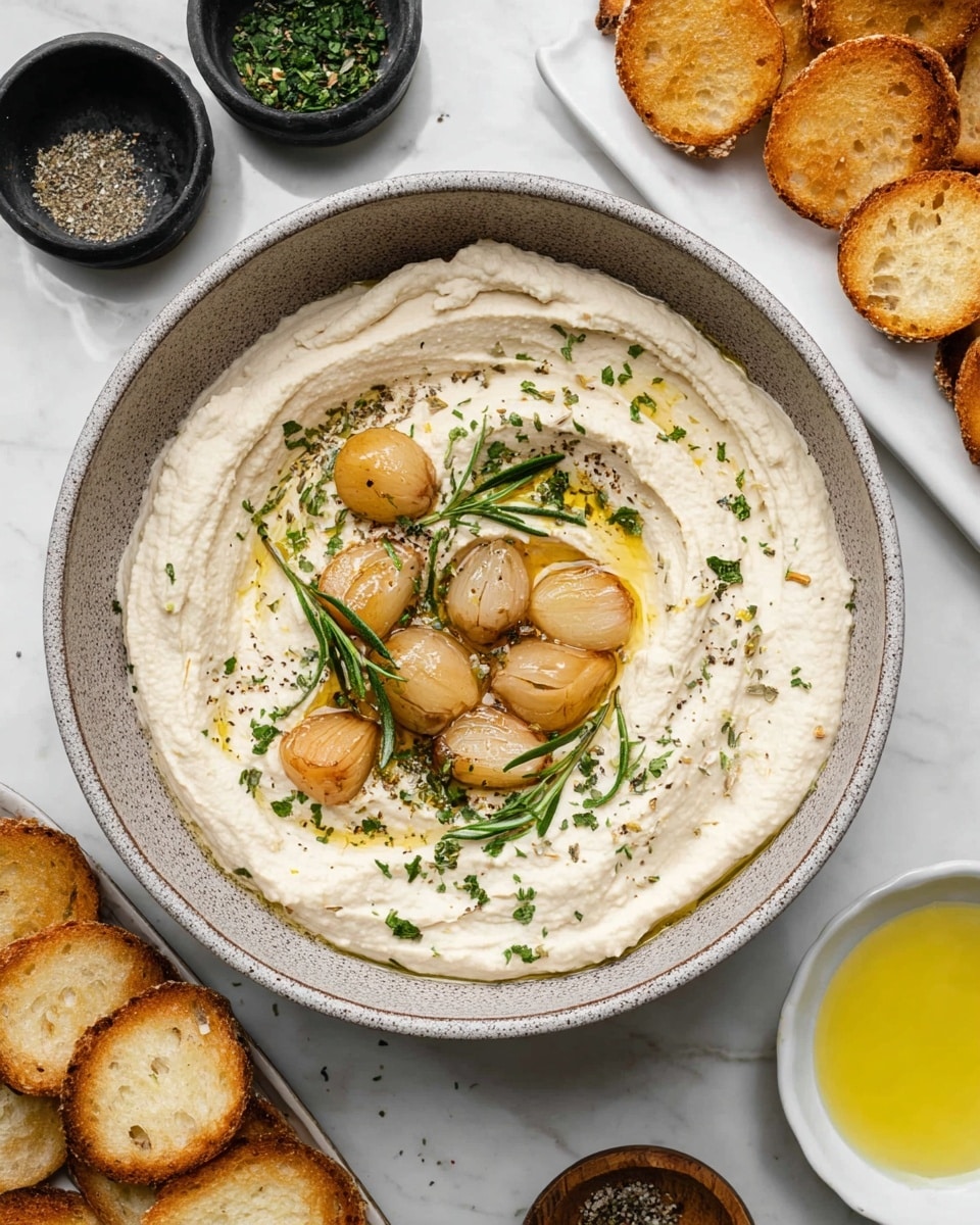 A bowl of creamy white hummus with a smooth texture, swirled in a circular pattern in a speckled gray bowl placed on a white marbled surface. The hummus is topped with whole golden roasted garlic cloves, small sprigs of green rosemary, a drizzle of shiny olive oil, and sprinkled with finely chopped green herbs and black pepper. Next to the bowl, a white plate holds several round, golden-brown toasted bread slices with a crispy texture. Nearby, a small white bowl contains light yellow olive oil with rosemary inside, and a small dish with ground black pepper is partially visible. There are also small black and wooden containers with more chopped herbs in the background. Photo taken with an iphone --ar 4:5 --v 7
