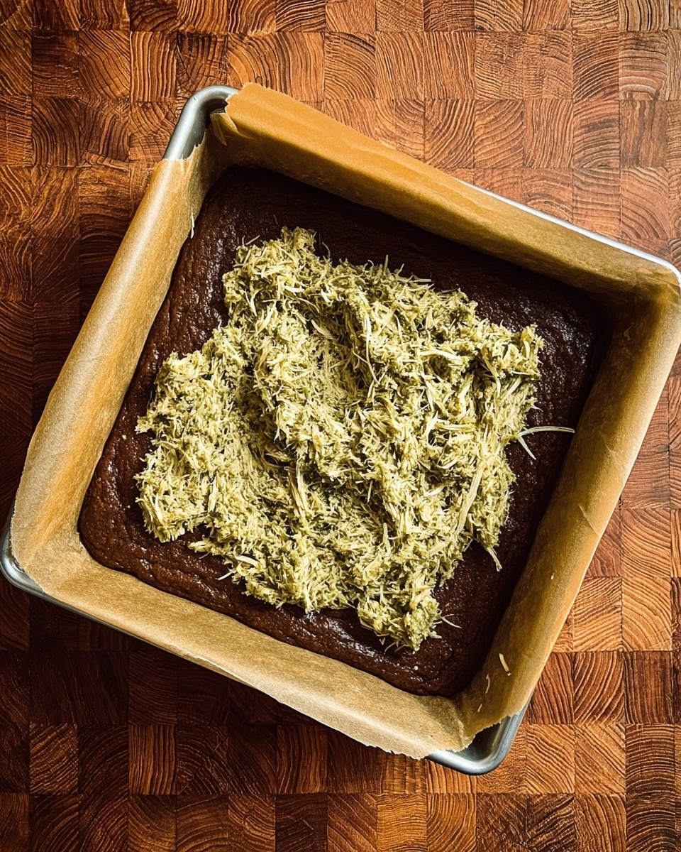 A square metal baking pan lined with parchment paper holds a deep brown baked layer that looks thick and slightly cracked on top. On the center of this layer, there is a rough mound of pale green mixture with visible shredded pieces, spread unevenly. The pan is placed on a warm-toned wood surface with a rich grain pattern. photo taken with an iphone --ar 4:5 --v 7
