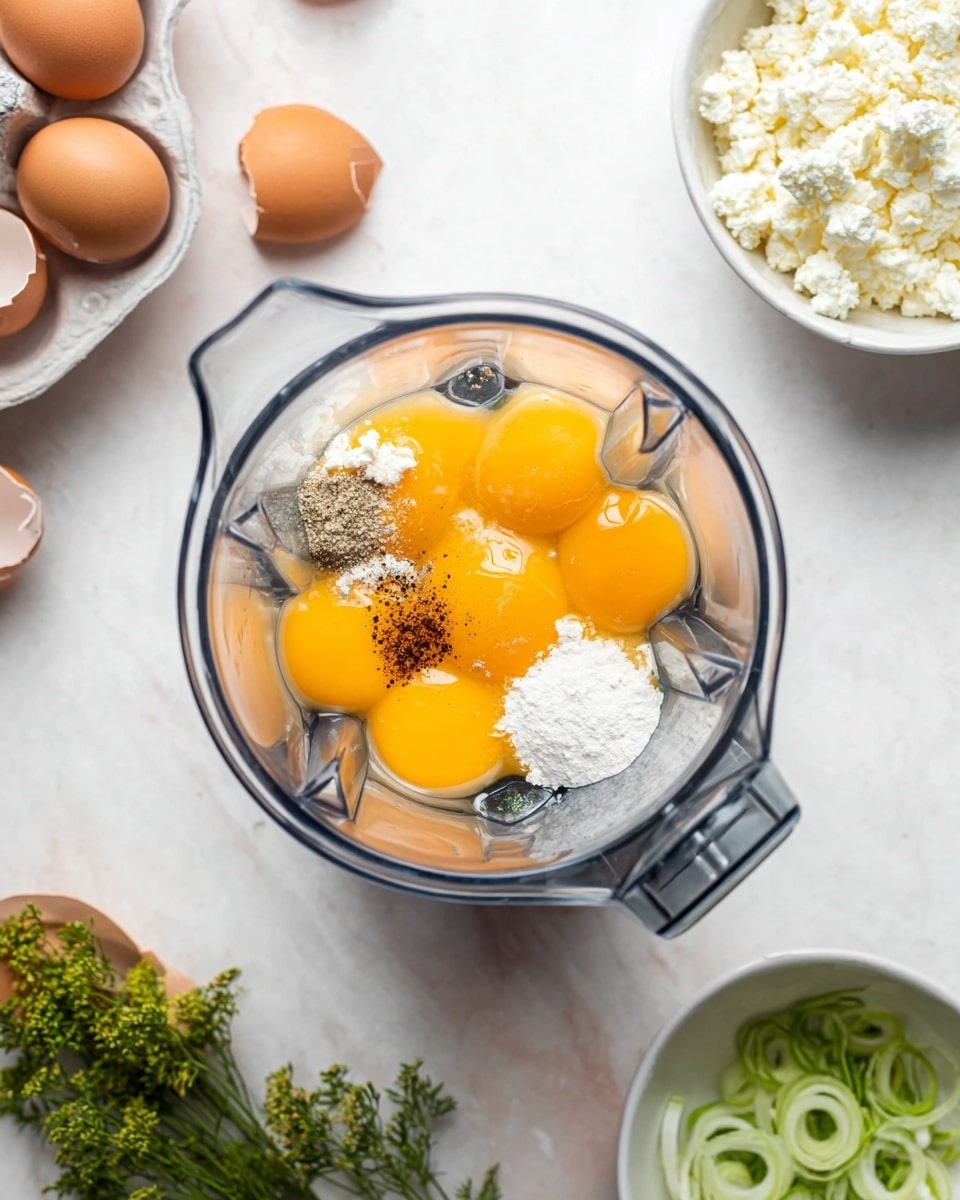 A clear blender jar sits on a white marbled surface, filled with eight bright yellow egg yolks evenly spread inside. On top of the yolks, there are small piles of white salt, black pepper, light brown powder, and white creamy cheese, all placed close to the center. Around the blender, broken brown and white eggshells lie in a container on the left, a white bowl with crumbly white cheese sits at the top right alongside green herb sprigs, and a white bowl filled with thinly sliced green onions is at the bottom right. The whole setup is well lit with natural light. photo taken with an iphone --ar 4:5 --v 7