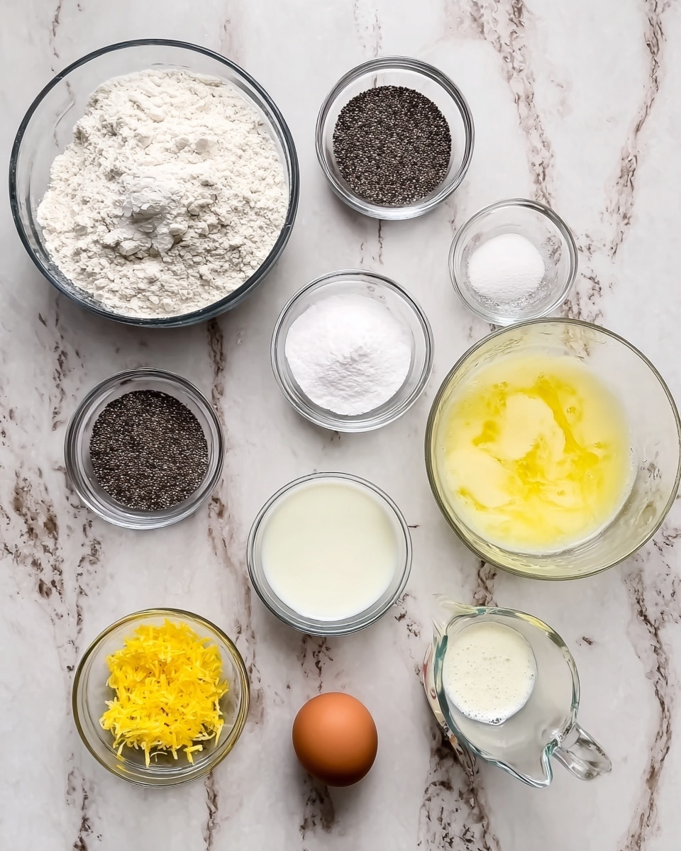 There is a white marbled surface with nine ingredients arranged on it. From left to right, top to bottom: a large clear bowl filled with white flour, a small clear bowl with black chia seeds, a small clear bowl holding white baking powder and baking soda, a large clear bowl with white sugar, a medium clear bowl holding melted butter with a yellow creamy texture, a clear measuring cup with milk inside, a small clear bowl containing grated yellow lemon zest, and a single brown egg placed directly on the surface. The photo is taken with an iphone --ar 4:5 --v 7