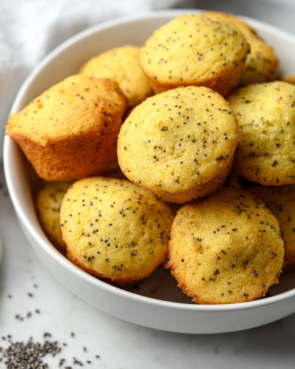 A close-up view of a white bowl filled with small, round, golden-yellow muffins speckled with tiny dark seeds throughout. The muffins have a slightly uneven, soft texture with a light brown baked crust mostly on the edges and bottoms. The bowl is placed on a white marbled surface with a few scattered seeds around it, giving a fresh and inviting look. The scene is bright with natural lighting highlighting the muffins' warm, appetizing color. Photo taken with an iphone --ar 4:5 --v 7
