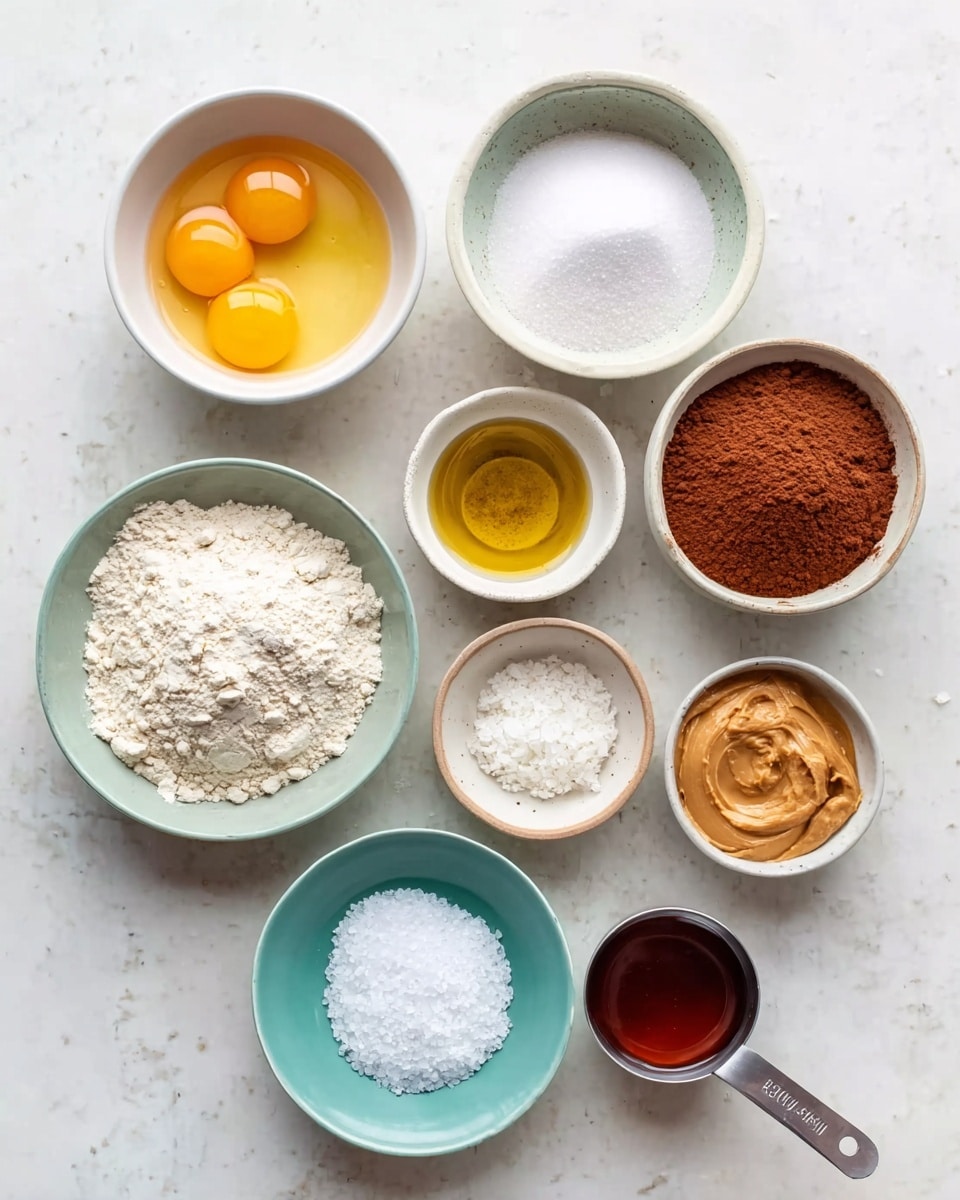 Nine small white bowls are arranged on a white marbled surface, each holding a different baking ingredient. Starting from top left to bottom right, there is a bowl with two cracked eggs showing bright yellow yolks and clear whites. Next to it is a bowl filled with white granulated sugar. Below the eggs, a small bowl with a golden liquid, likely oil, is placed. The center bowl contains white flour with a soft, powdery texture. To its right, a small bowl holds fine white powder, possibly baking soda. Below the flour bowl is a bowl with dark brown cocoa powder, its texture dry and slightly clumpy. Next to it, another bowl has creamy peanut butter, smooth and thick. A small teal plate holds white salt crystals, and below is a metal measuring cup filled with a dark amber liquid, likely vanilla extract. The setup is clean and ingredients are clearly visible, photo taken with an iphone --ar 4:5 --v 7