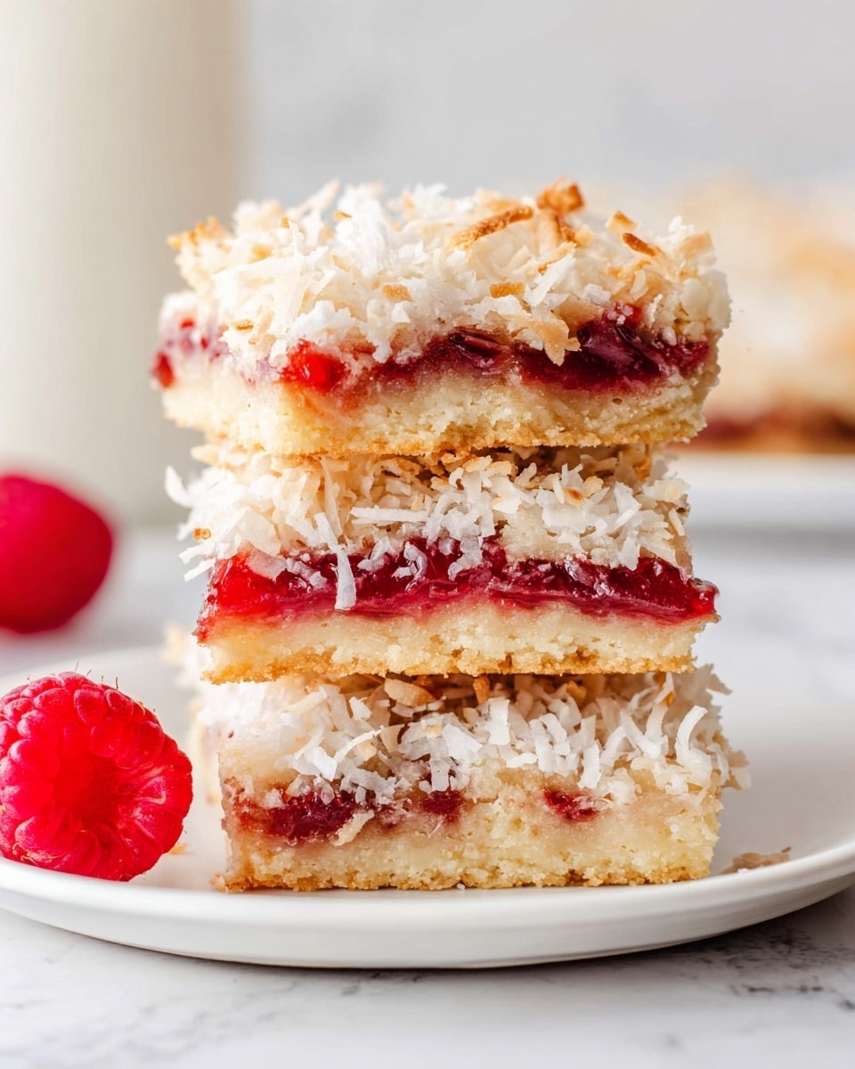 A stack of three square bars sits on a white plate on a white marbled surface, each bar showing three layers: a golden crumbly base, a bright red jam middle layer, and a top layer covered with toasted shredded coconut that looks slightly crispy and light brown in spots. To the left of the plate, there is a fresh red raspberry adding a pop of color. The background is soft and blurred, with hints of white and light colors. photo taken with an iphone --ar 4:5 --v 7