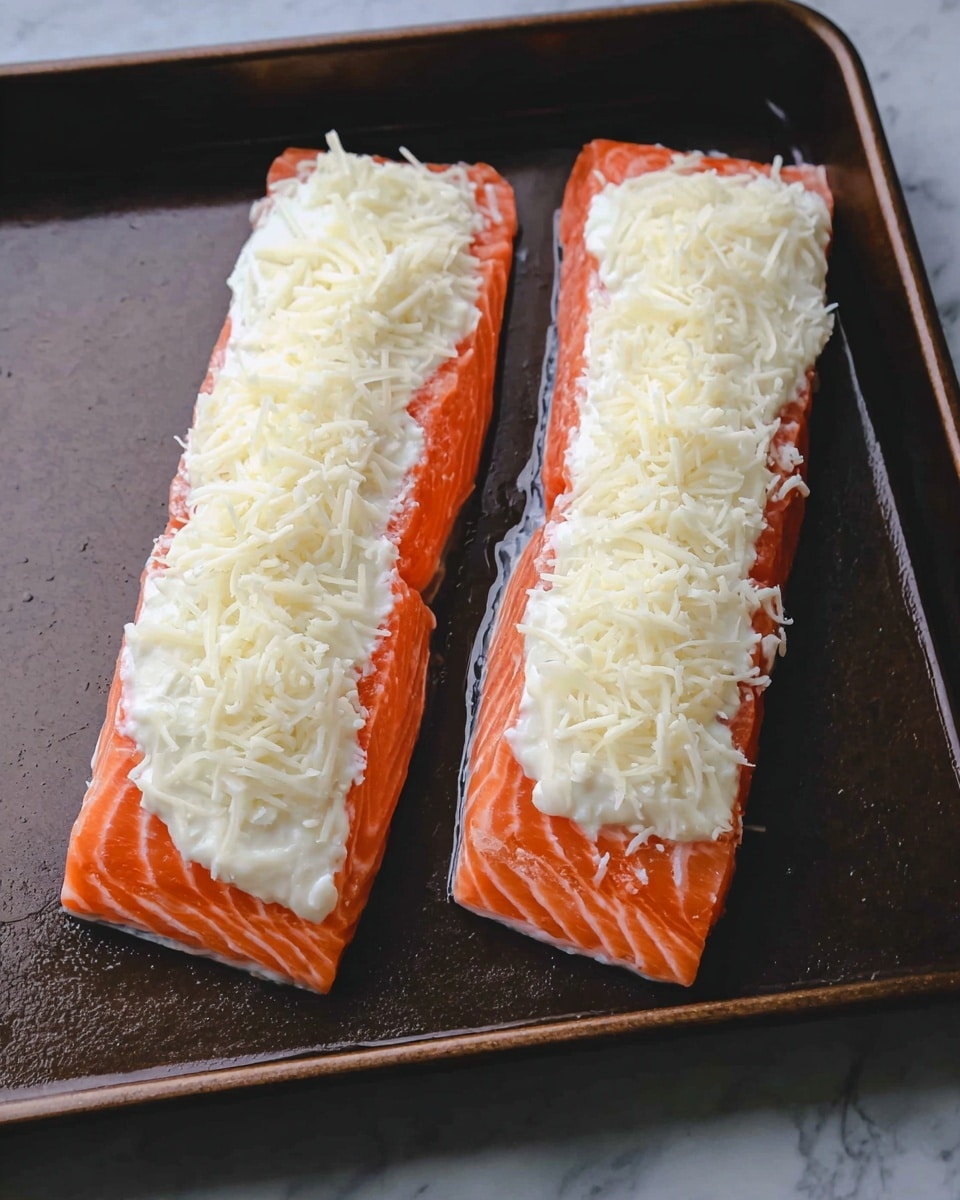 Two raw salmon fillets lie side by side on a dark baking tray placed on a white marbled surface. Each fillet is thick and has a vibrant orange-pink color with visible natural lines. On top of each fillet is a thick, uneven layer of white creamy sauce, covering almost the entire surface. Over the creamy sauce is a generous sprinkling of shredded white cheese, adding a fluffy texture and pale yellow shade. The overall look is fresh and ready for baking, with the layers clearly visible and contrasting in color and texture. photo taken with an iphone --ar 4:5 --v 7