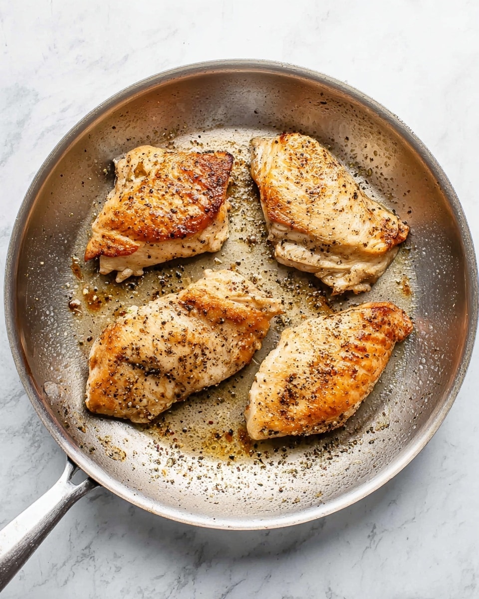 A silver metal frying pan holds four cooked chicken pieces arranged in a slightly scattered manner. The chicken is golden brown with some parts showing a lighter beige color and black pepper sprinkled on top. The pan has small brown bits and oil residue around the chicken. The background is a white marbled surface. photo taken with an iphone --ar 4:5 --v 7