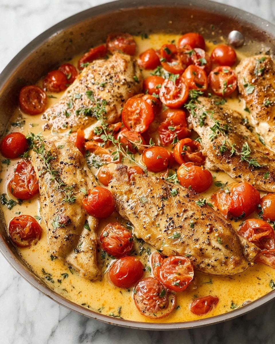 The image shows a pan filled with four pieces of cooked chicken, browned and seasoned with black pepper and herbs, laid out in a single layer. Around and on top of the chicken are many bright red halved cherry tomatoes, some softened from cooking. The chicken and tomatoes sit in a creamy, light orange sauce that looks smooth and rich, coating the ingredients evenly. Small green herb pieces are scattered over the chicken and sauce for garnish. The pan is placed on a white marbled surface. photo taken with an iphone --ar 4:5 --v 7