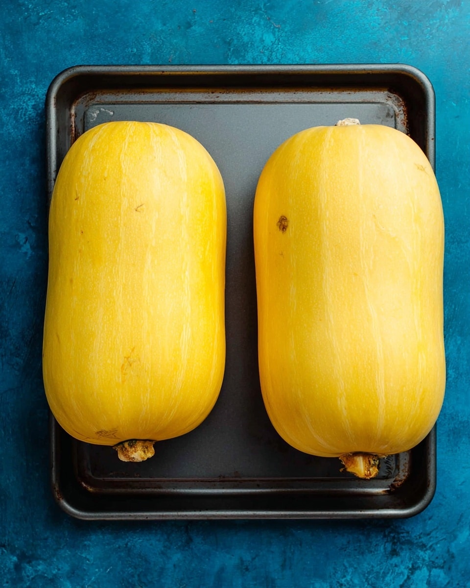 Two whole yellow spaghetti squashes with smooth skin and small natural blemishes sit side by side on a dark baking tray, with their stems facing up. The tray is placed on a surface with a blue texture. The lighting is bright and evenly lit, showing the squashes clearly. photo taken with an iphone --ar 4:5 --v 7