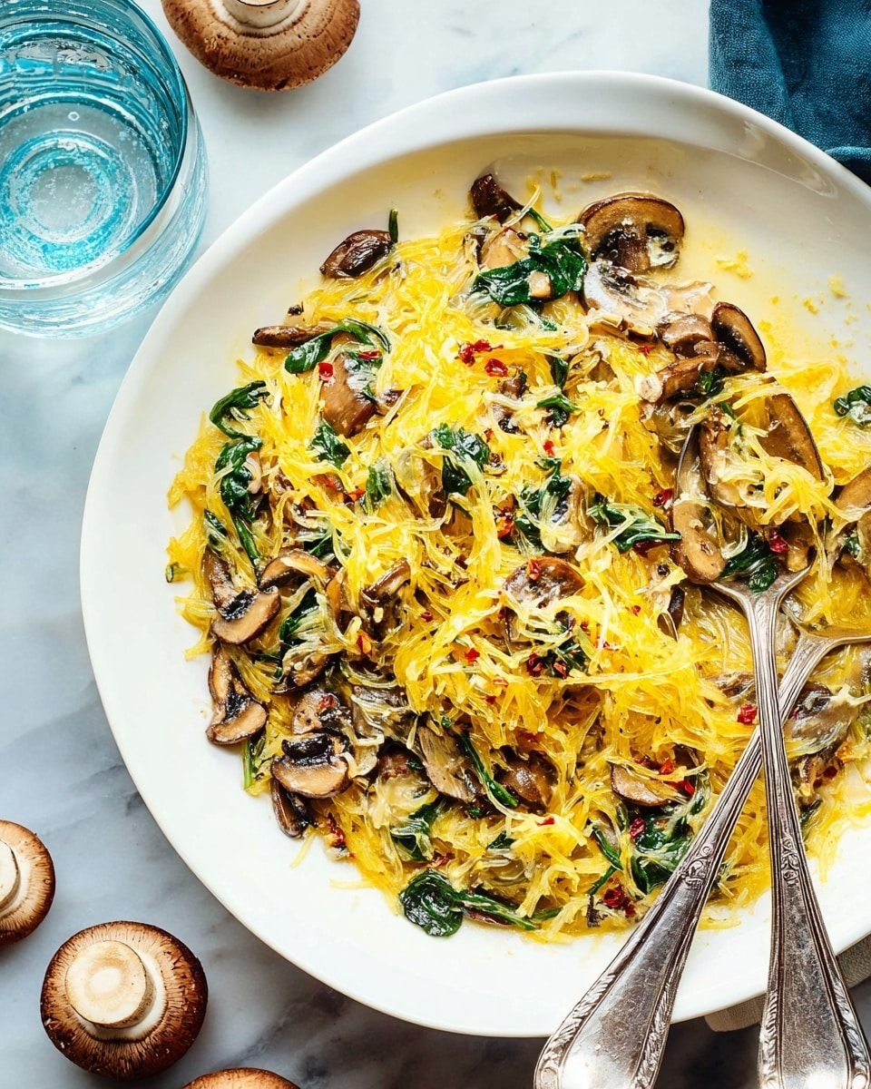 A white plate filled with a creamy yellow mixture of thin spaghetti-like strands of squash or pasta, interspersed with dark brown sliced mushrooms and fresh dark green spinach leaves, all coated lightly in a creamy sauce, dotted with small red chili flakes. Two antique silver spoons rest on the right side of the plate, partially immersed in the dish. The plate is set on a white marbled surface with a few whole brown mushrooms and a glass of water visible nearby. Photo taken with an iphone --ar 4:5 --v 7
