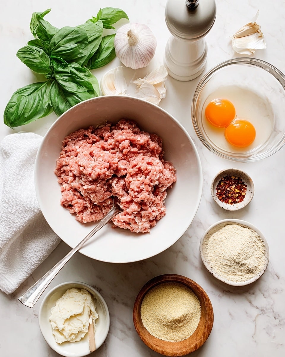A white bowl in the center holds pink ground meat with a shiny silver spoon inside it, showing a rough texture. Above it to the right, a clear glass bowl holds two raw eggs with bright orange yolks and clear whites. In the top center is a tall white pepper grinder. To the left of the bowl, fresh green basil leaves rest on a white cloth. Above the basil, three garlic cloves and a garlic bulb sit on the white marbled surface. Next to the garlic, a small white bowl contains red pepper flakes, and below it, an oval wooden bowl holds coarse white salt. At the bottom, two brown bowls contain fine yellowish and beige powders, while a small white bowl with a wooden spoon holds creamy white cheese. The background is a clean white marbled surface. photo taken with an iphone --ar 4:5 --v 7