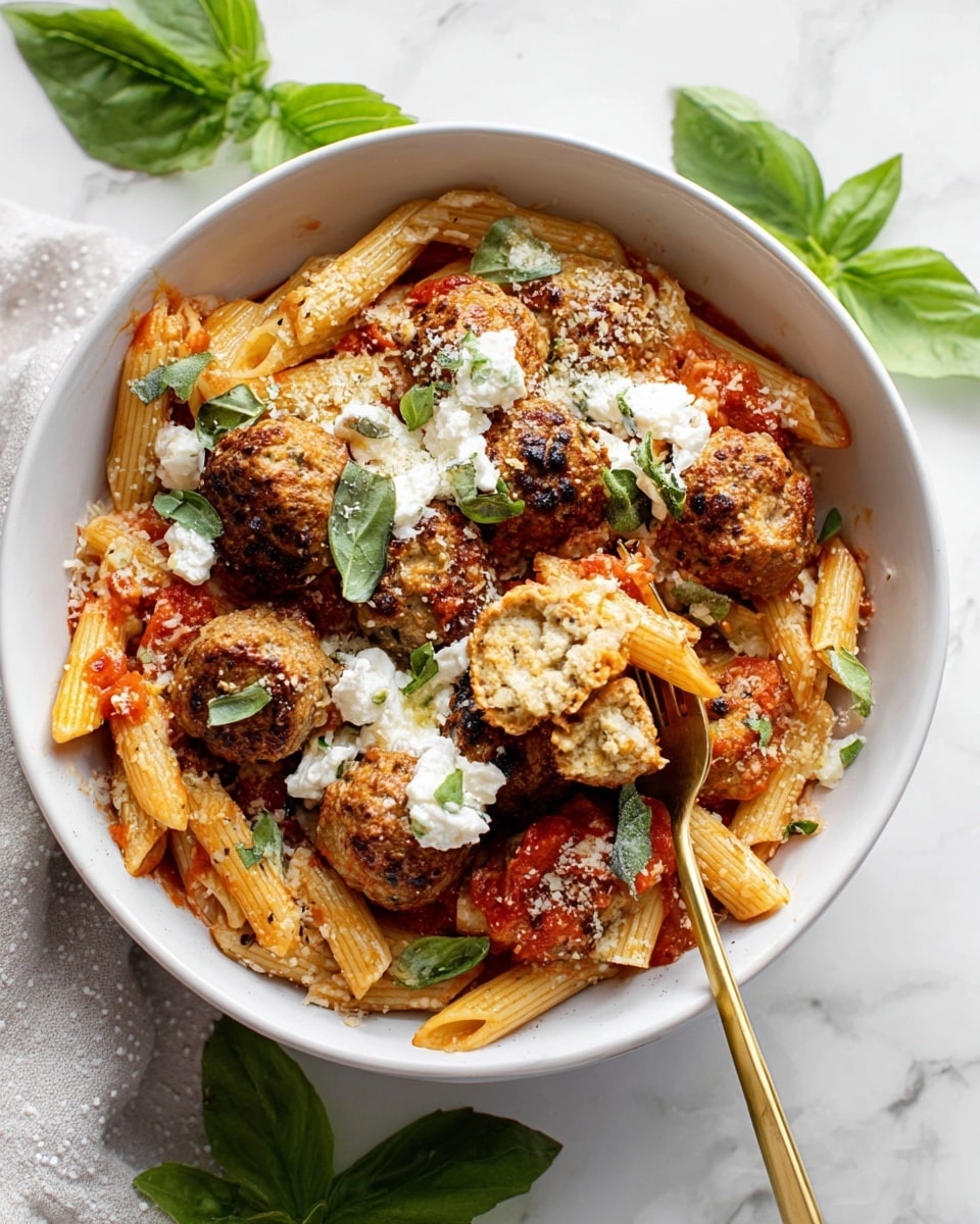 A white bowl filled with three layers: the bottom layer is beige penne pasta coated in red tomato sauce, the middle layer has golden-brown meatballs, some whole and some cut open showing a soft interior, topped with white ricotta cheese dollops and sprinkled with grated Parmesan. Bright green basil leaves are scattered on top, adding fresh color. A gold fork rests on the left side inside the bowl, holding a meatball and pasta piece. The bowl sits on a white marbled surface with green basil leaves around it. photo taken with an iphone --ar 4:5 --v 7