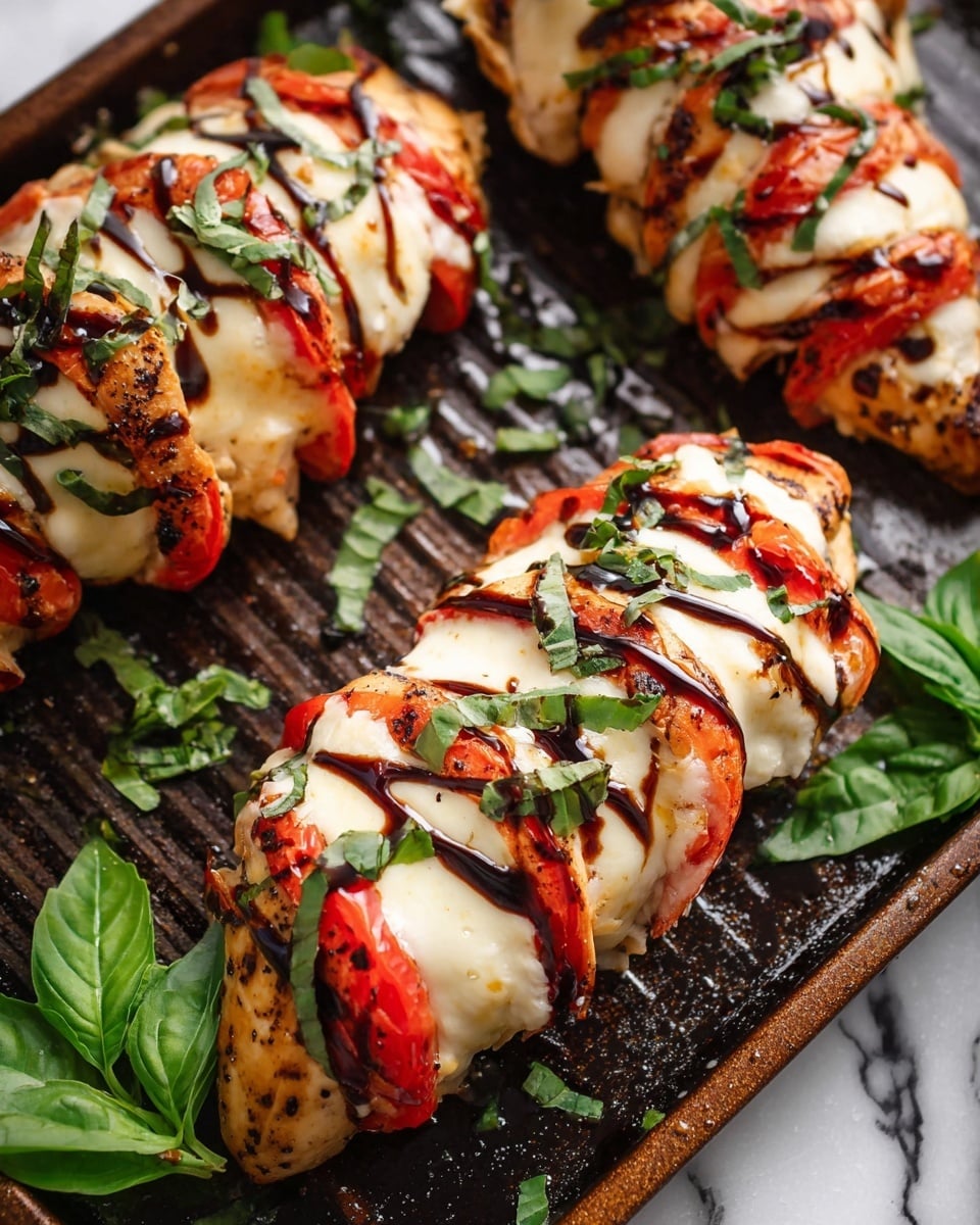 The image shows three grilled chicken pieces, each sliced and layered with red tomato slices and white melted cheese inside the cuts. Dark brown balsamic glaze is drizzled over the chicken and cheese, adding a shiny texture. Fresh green basil leaves are scattered on top and around the chicken for color contrast. The chicken is on a dark grill pan with grill marks visible, and the background is a white marbled surface. photo taken with an iphone --ar 4:5 --v 7