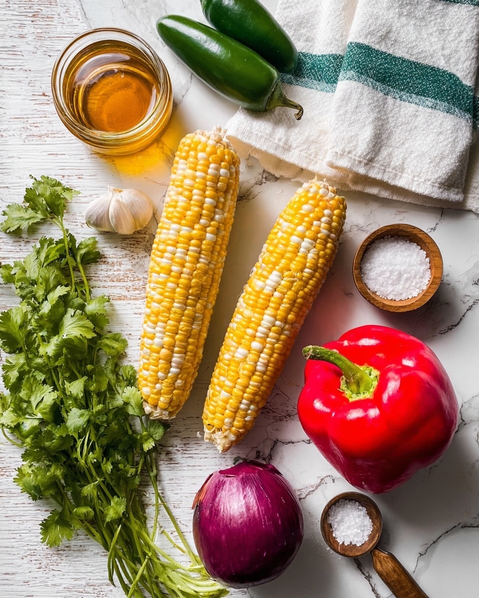 The image shows a top view of fresh ingredients arranged on a white marbled texture. There are three ears of corn with yellow and white kernels placed diagonally in the center and lower right. Near the top right, there is a large, shiny red bell pepper with a green stem. A round red onion with deep purple skin is also visible on the right. Toward the left side, there is a bunch of fresh green cilantro next to a white towel with green stripes. Two green jalapeño peppers are positioned near the cobs of corn. A small glass jar of light amber oil is near the center top, next to a whole garlic bulb. There are two small containers of white salt, one in a wooden bowl at the lower right and one in a metal measuring spoon with a wooden handle at the top right. photo taken with an iphone --ar 4:5 --v 7